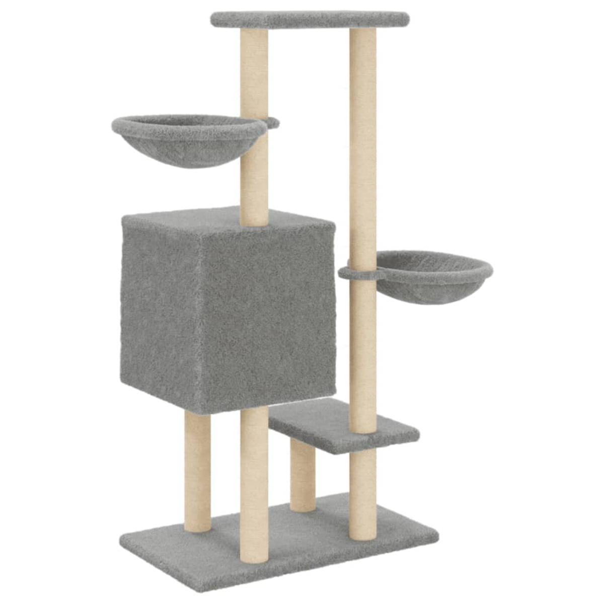 Katzenbaum mit mehreren Plattformen, einer Höhle und zwei Hängematten. Beige Pfosten stützen die Struktur.