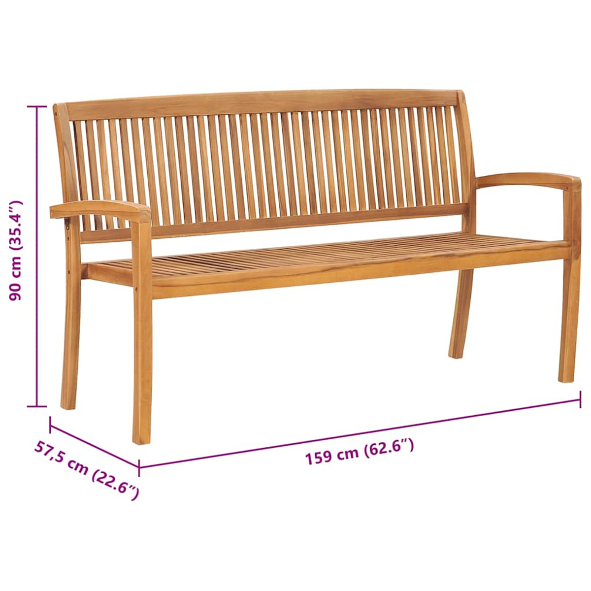 Holzbank mit Bemaßung in cm und Zoll. Mit Lattenrücken und Sitzfläche.