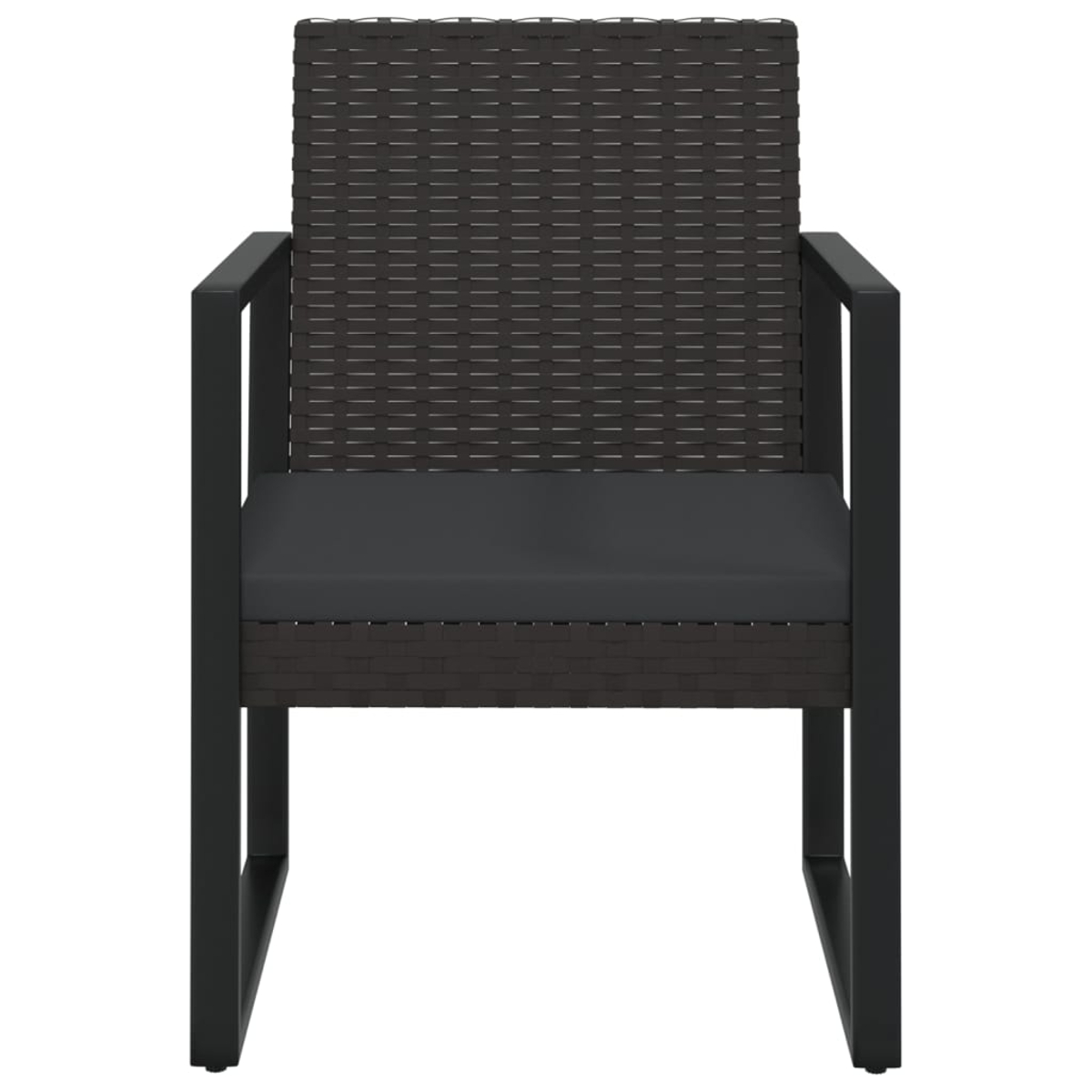 Schwarzer Korbstuhl von vorne, mit schwarzem Kissen. Der Rahmen ist schwarz. Modernes Design.