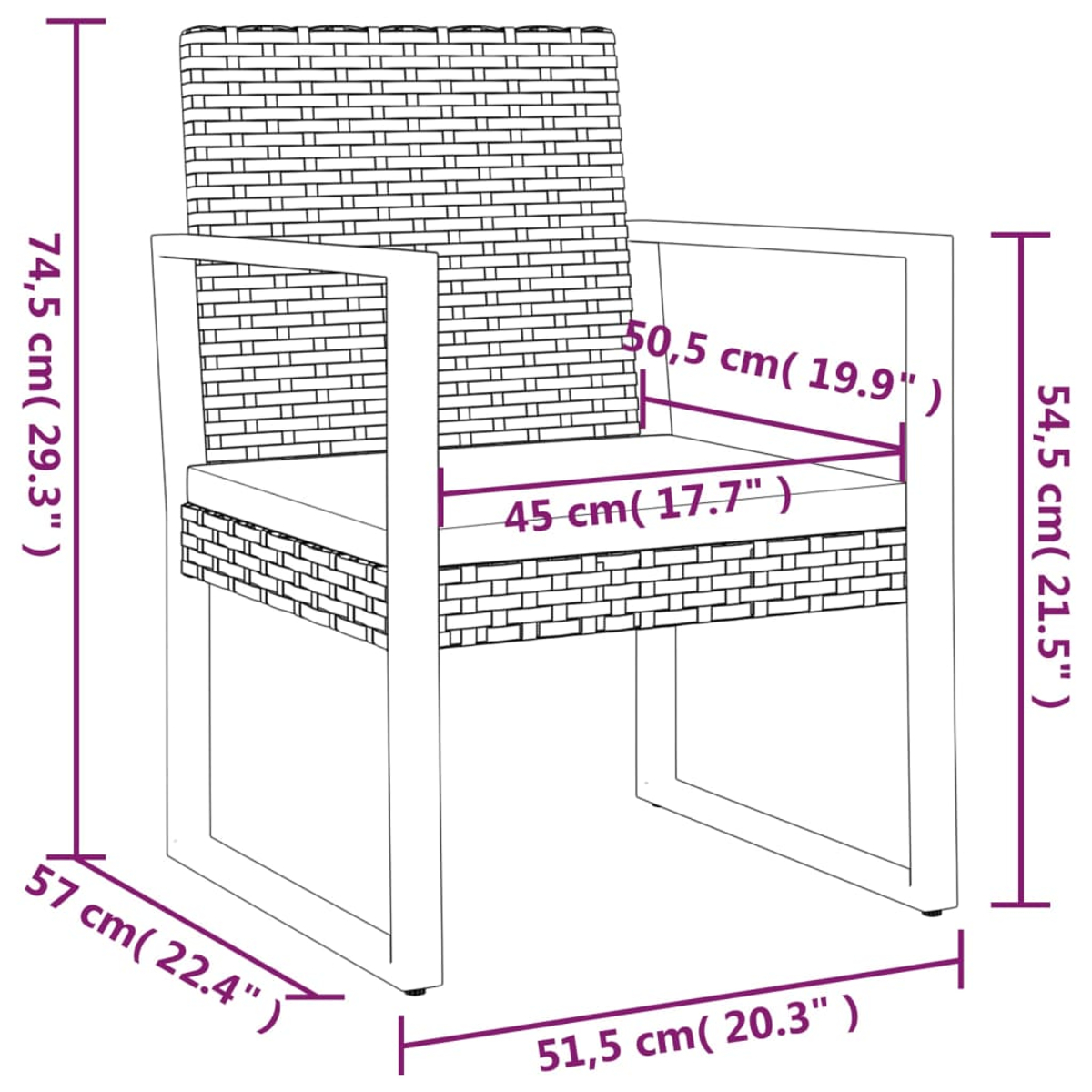 Korbstuhl mit Maßen. Es hat ein gewebtes Muster und ein weißes Kissen. Seitenansicht.