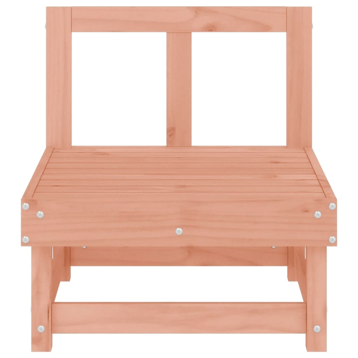 Holz-Außenstuhl, hellbraune Farbe. Er hat eine Sitzfläche und eine Rückenlehne. Schrauben sind sichtbar.