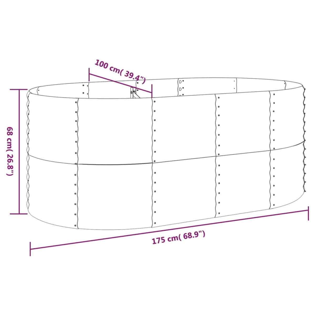 Diagramm des ovalen, gewellten Metall-Gartenbeets mit Maßen. Weißer Hintergrund.