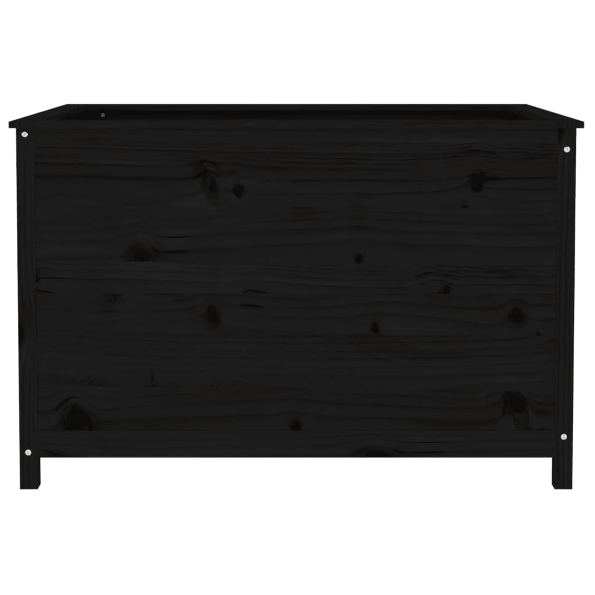 Ein hölzerner Pflanzkasten, schwarz gestrichen, mit sichtbarer Holzmaserung. Er ist leer.