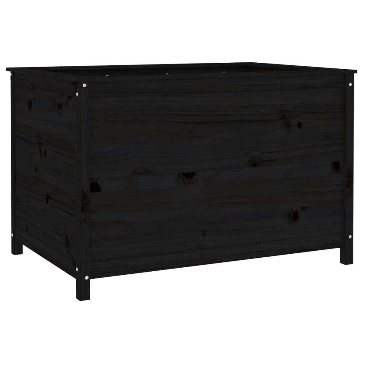 Hölzerner Pflanzkasten, schwarz gestrichen, zeigt die Seite mit der Holzmaserung.