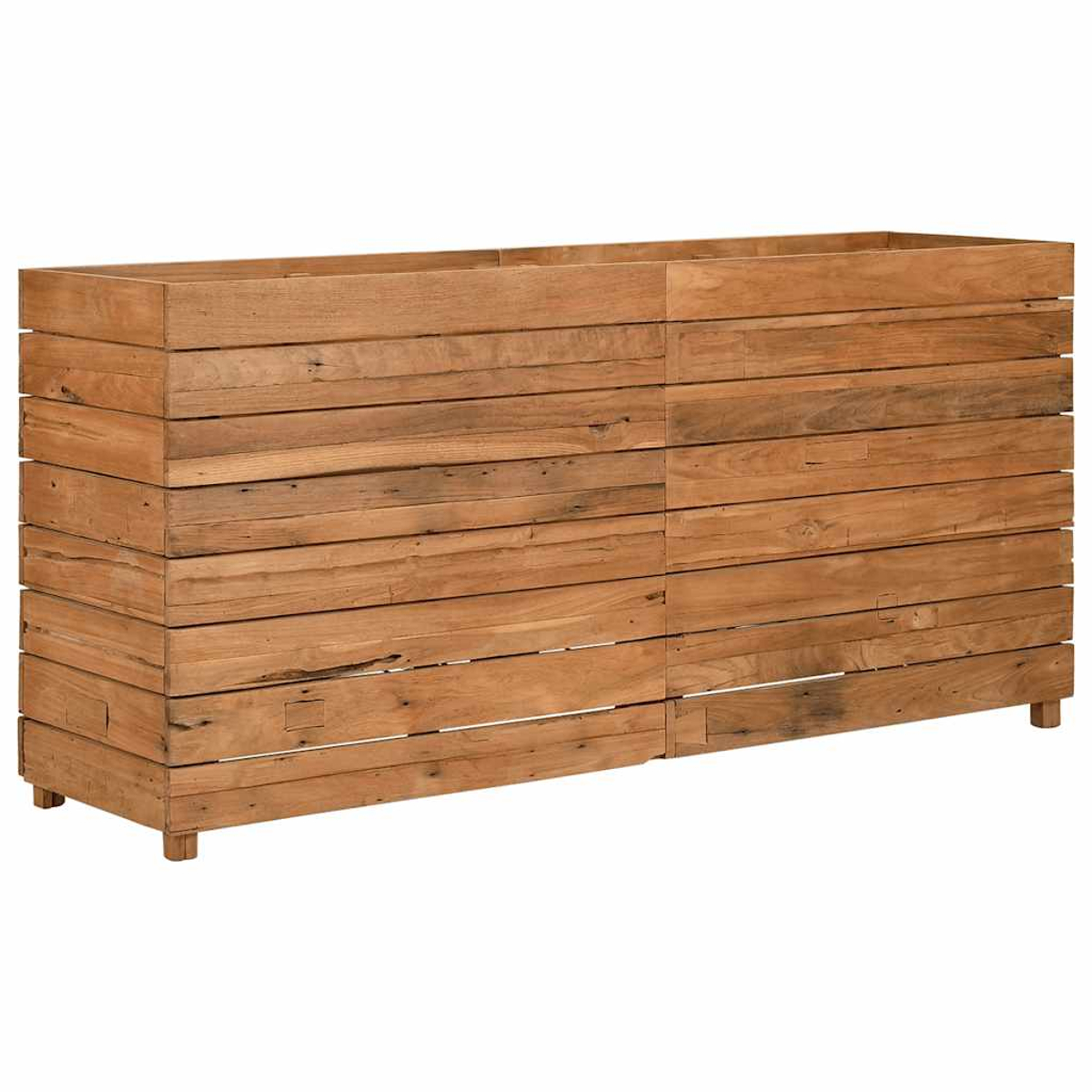 Eine Holzkasten aus horizontalen Brettern, hellbraune Farbe, auf kleinen Füßen.