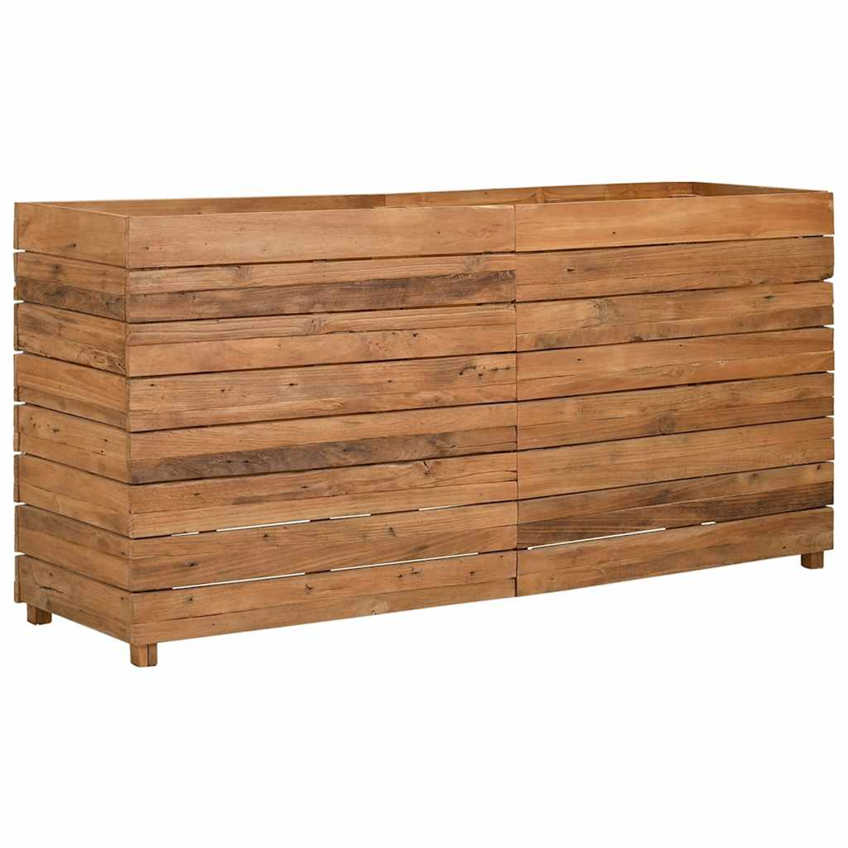 Eine Holzkasten, aus horizontalen Brettern, hellbraune Farbe, auf kleinen Füßen.