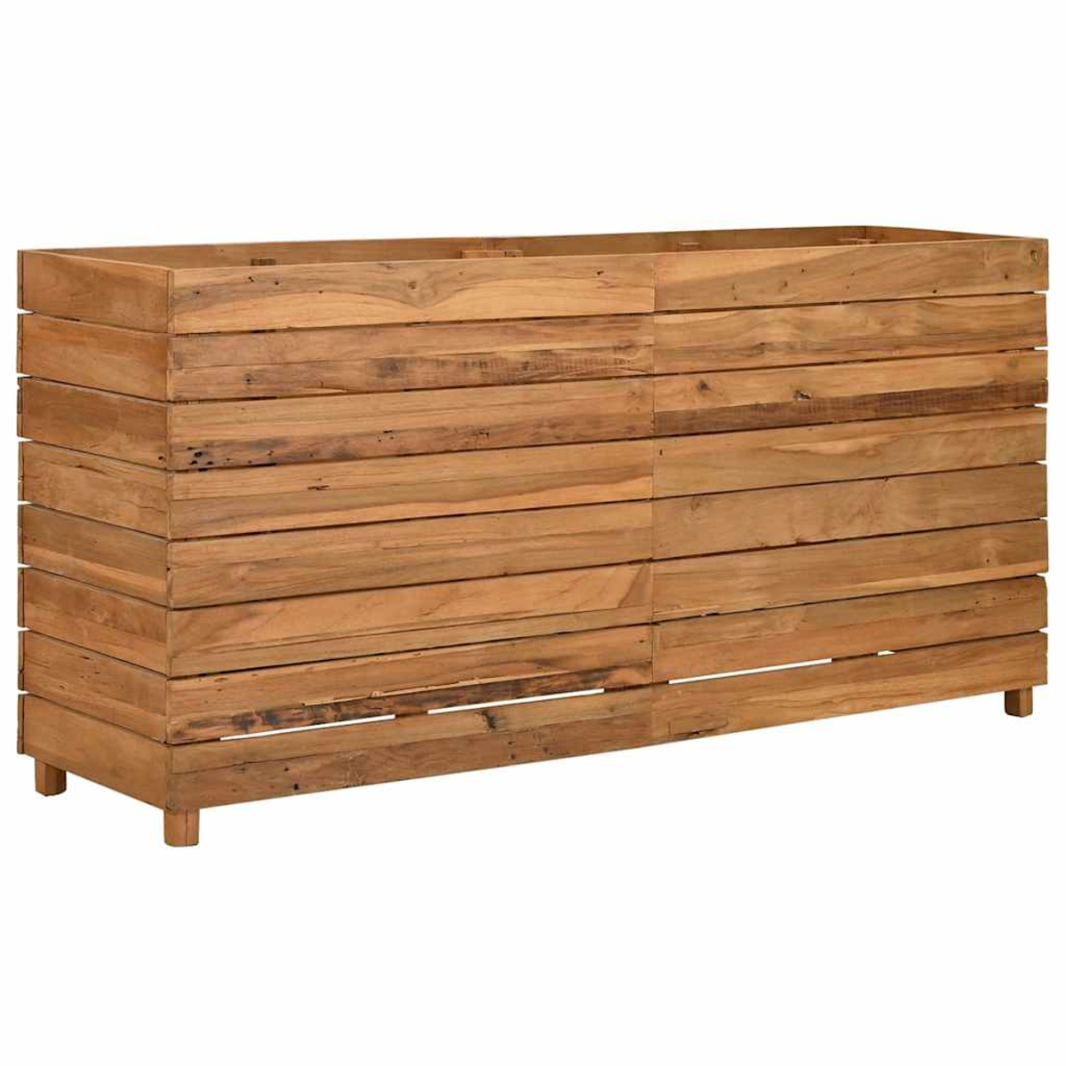Eine Holzkasten aus horizontalen Brettern, hellbraune Farbe, auf kleinen Füßen.
