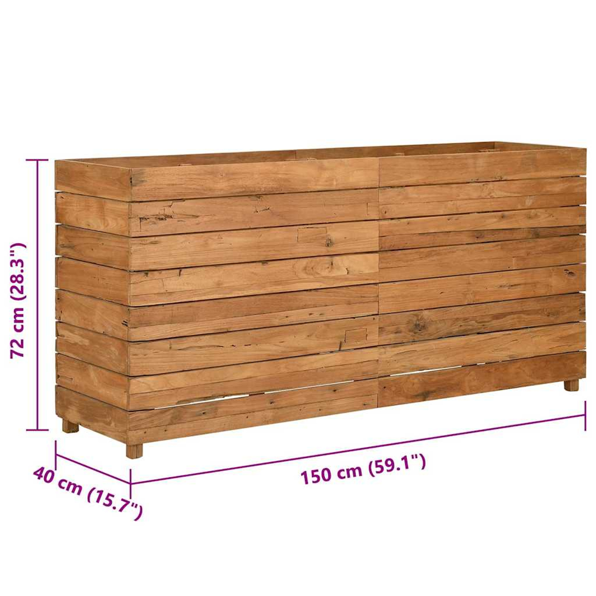 Ein rechteckiger Holzkasten mit Abmessungen, hellbraune Farbe, auf kleinen Füßen.