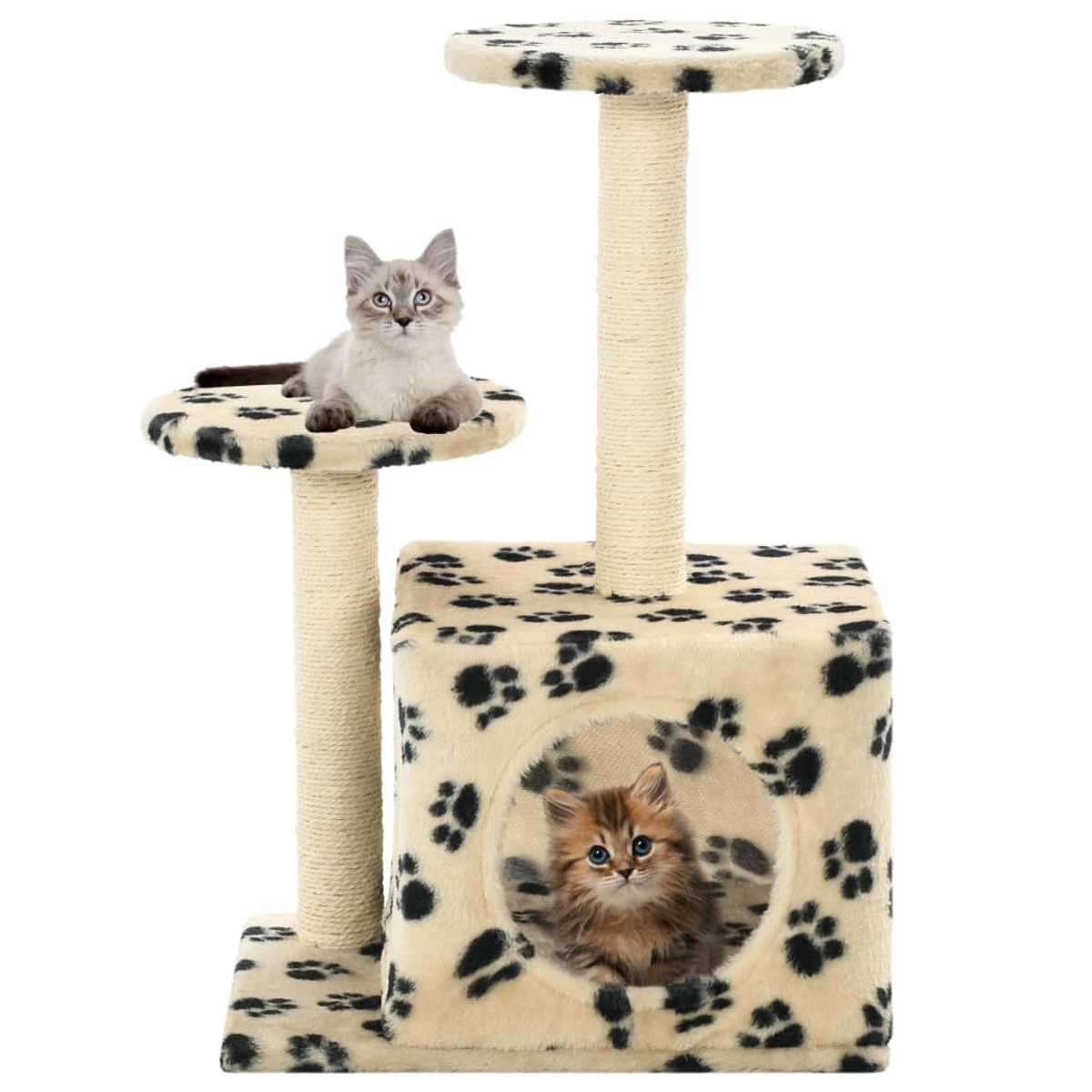 Katzenbaum mit zwei Katzen. Eine oben, eine im Haus.