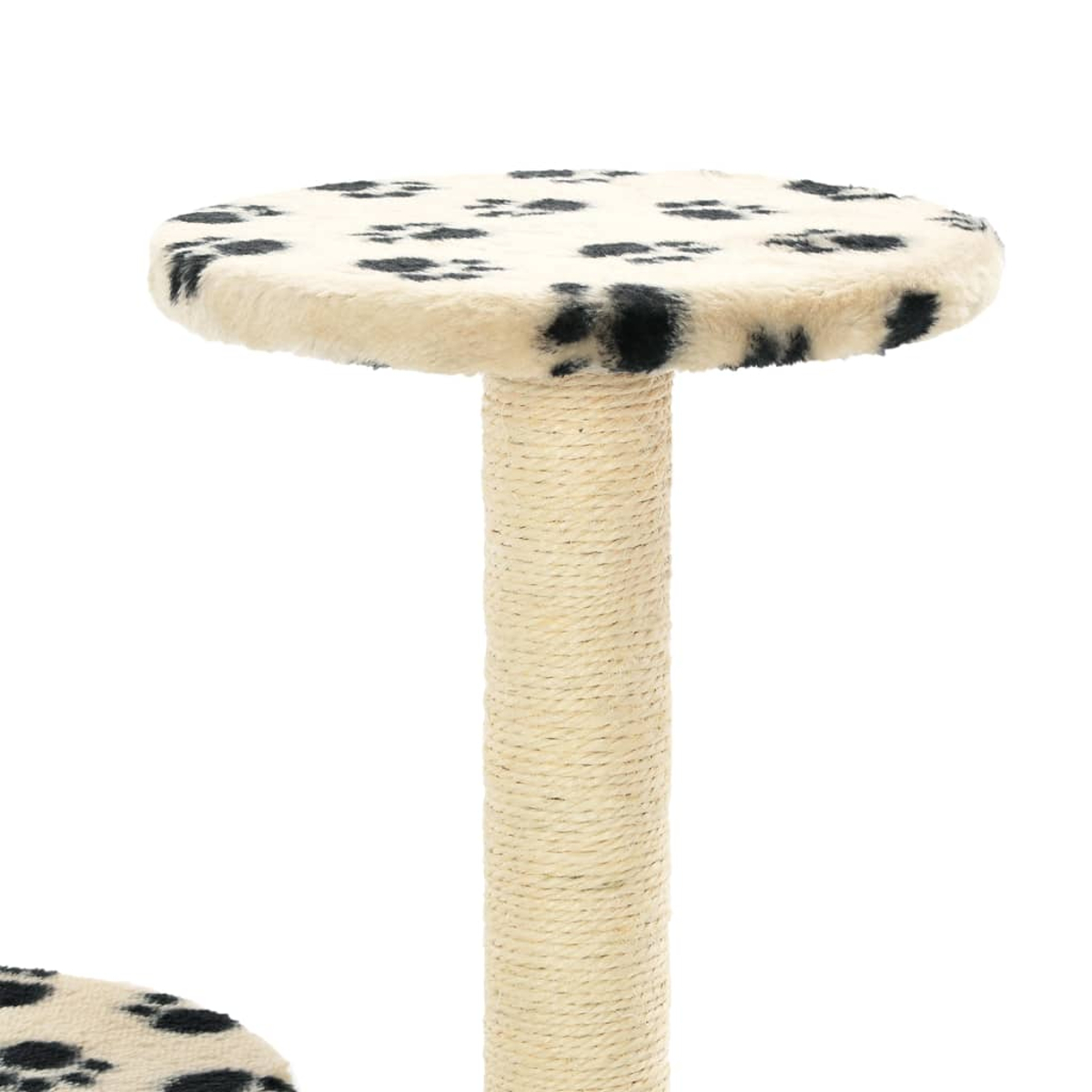 Eine Katzenbaumplattform, beige mit Pfotenabdrücken.