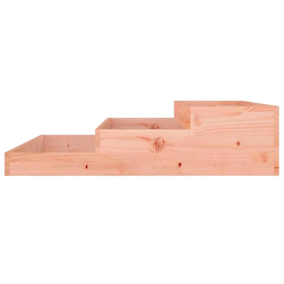 Stufenförmige Holzstruktur, drei Ebenen hoch, hellbraun, vor weißem Hintergrund.