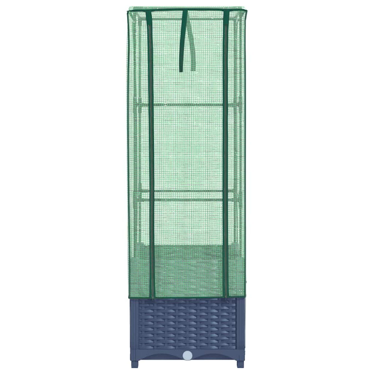 Supporto per piante alto con rete verde e base in tessuto blu scuro, sfondo bianco.