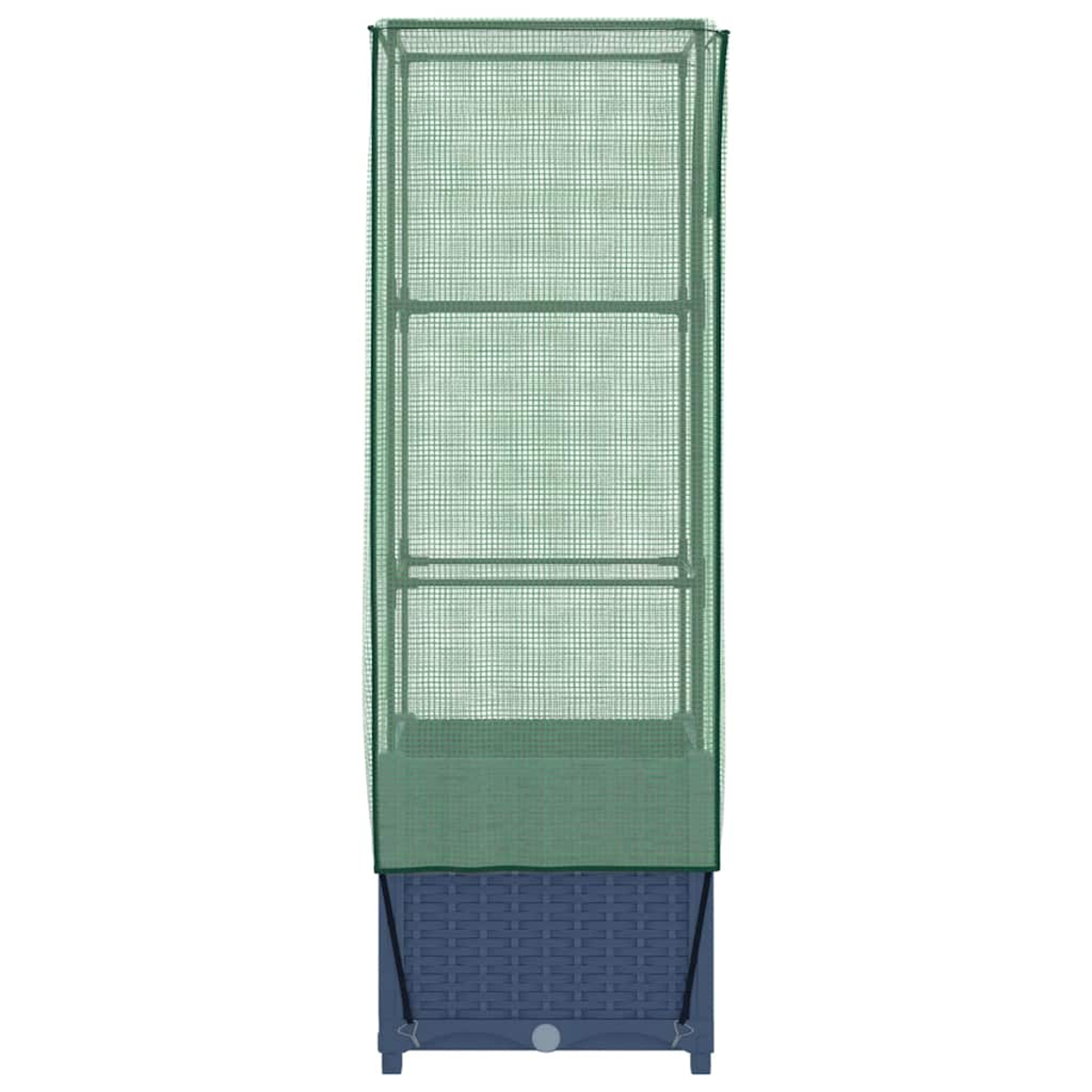 Supporto per piante alto con rete verde e base in tessuto blu scuro, sfondo bianco.