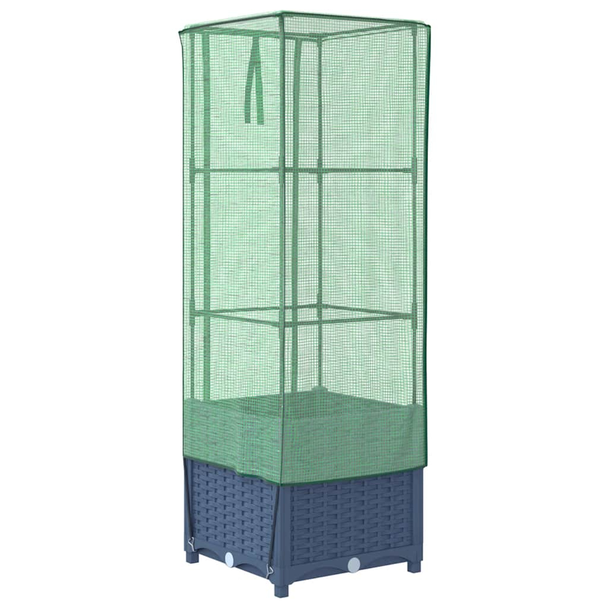 Un supporto per piante coperto da rete verde su una base blu intrecciata.