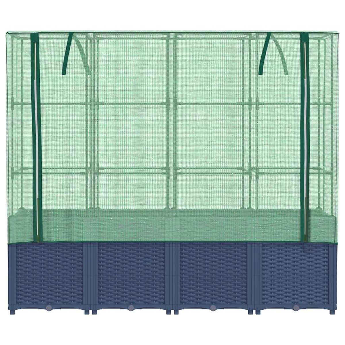 Serra con rete verde su base blu scuro. Rettangolare con ripiani all'interno.
