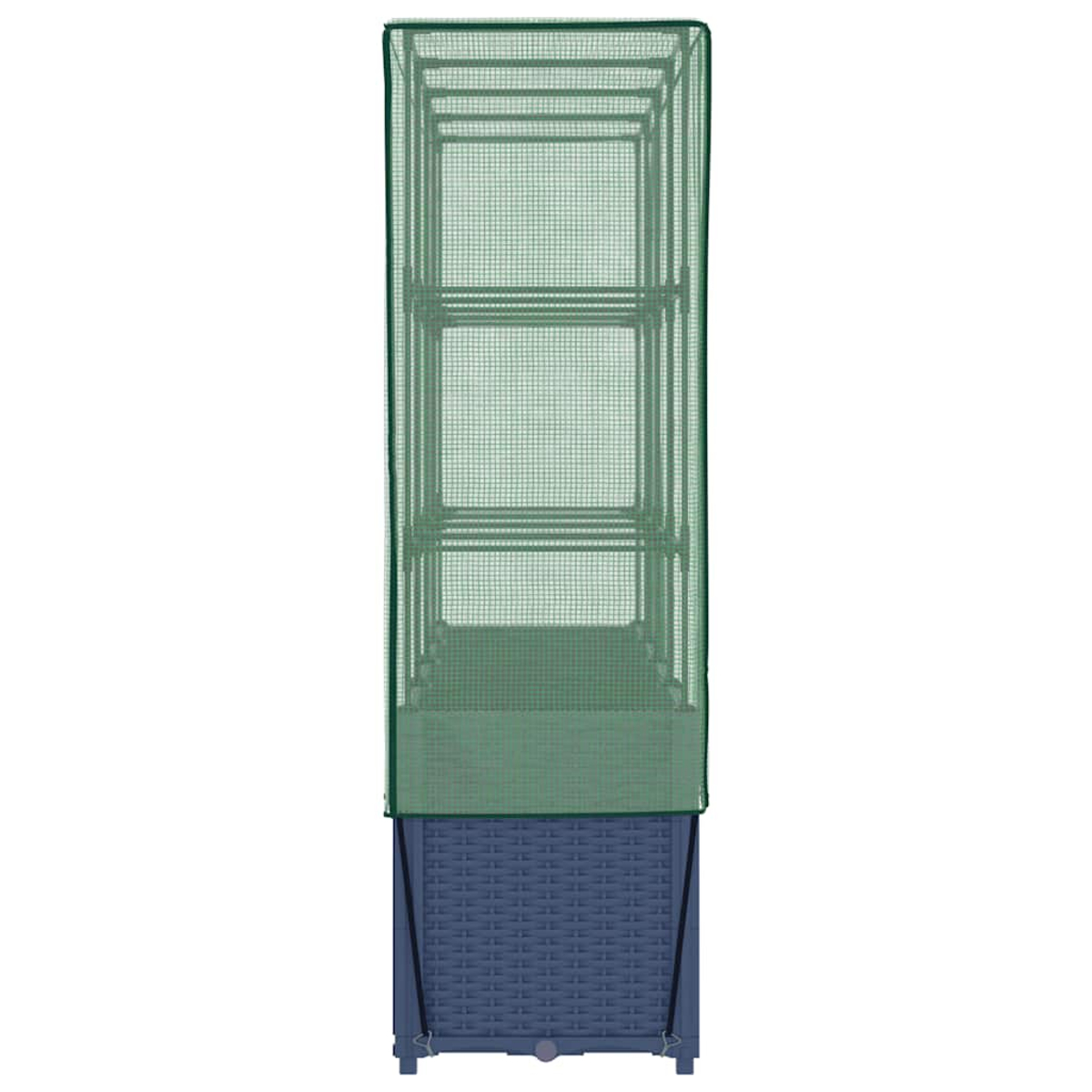 Serra con ripiani. Base blu scuro, copertura verde, telaio in metallo. Vuoto all'interno.