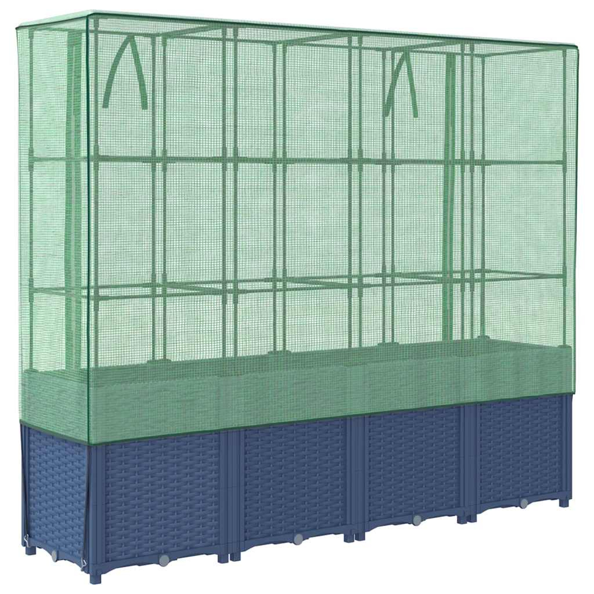 Una serra blu con una copertura verde.