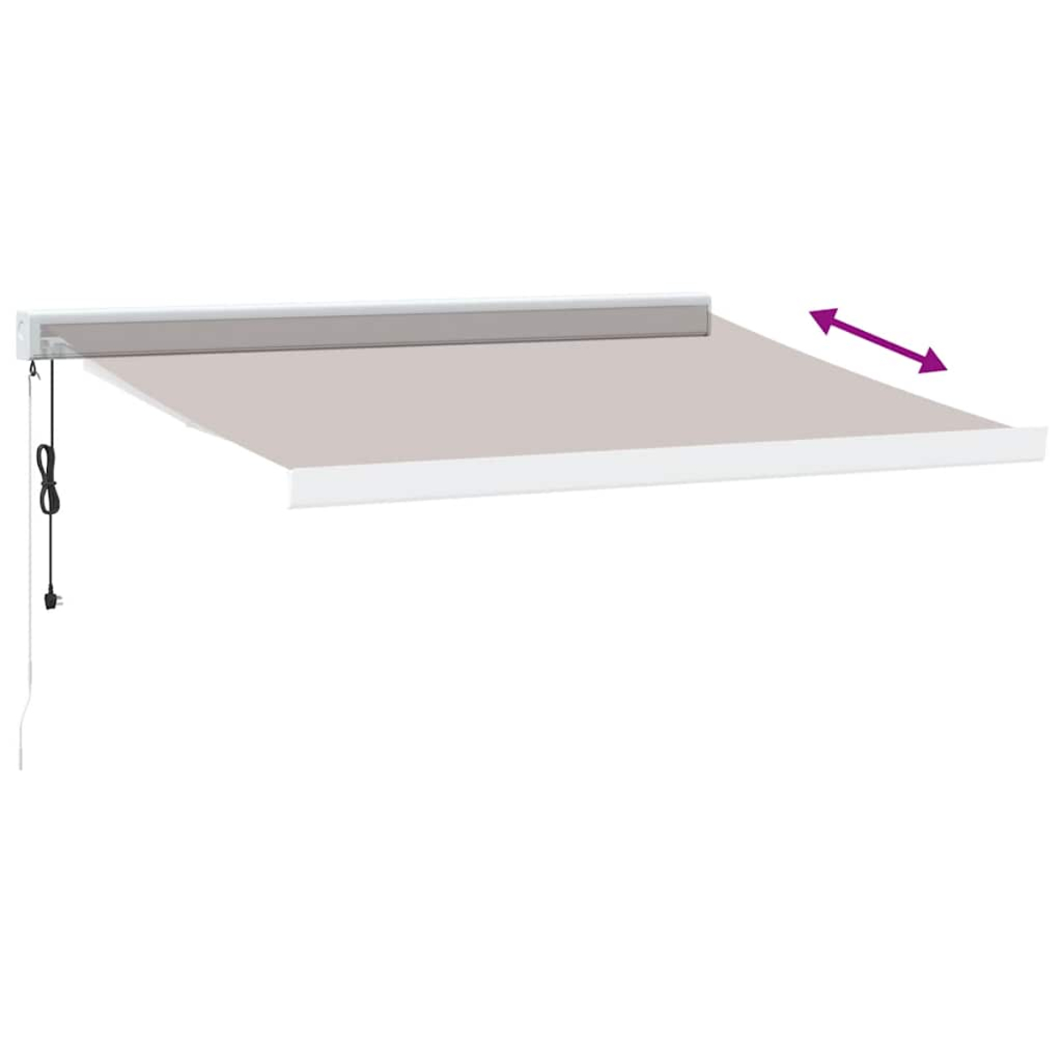 Una tenda da sole retrattile bianca con tenda grigia, estesa.