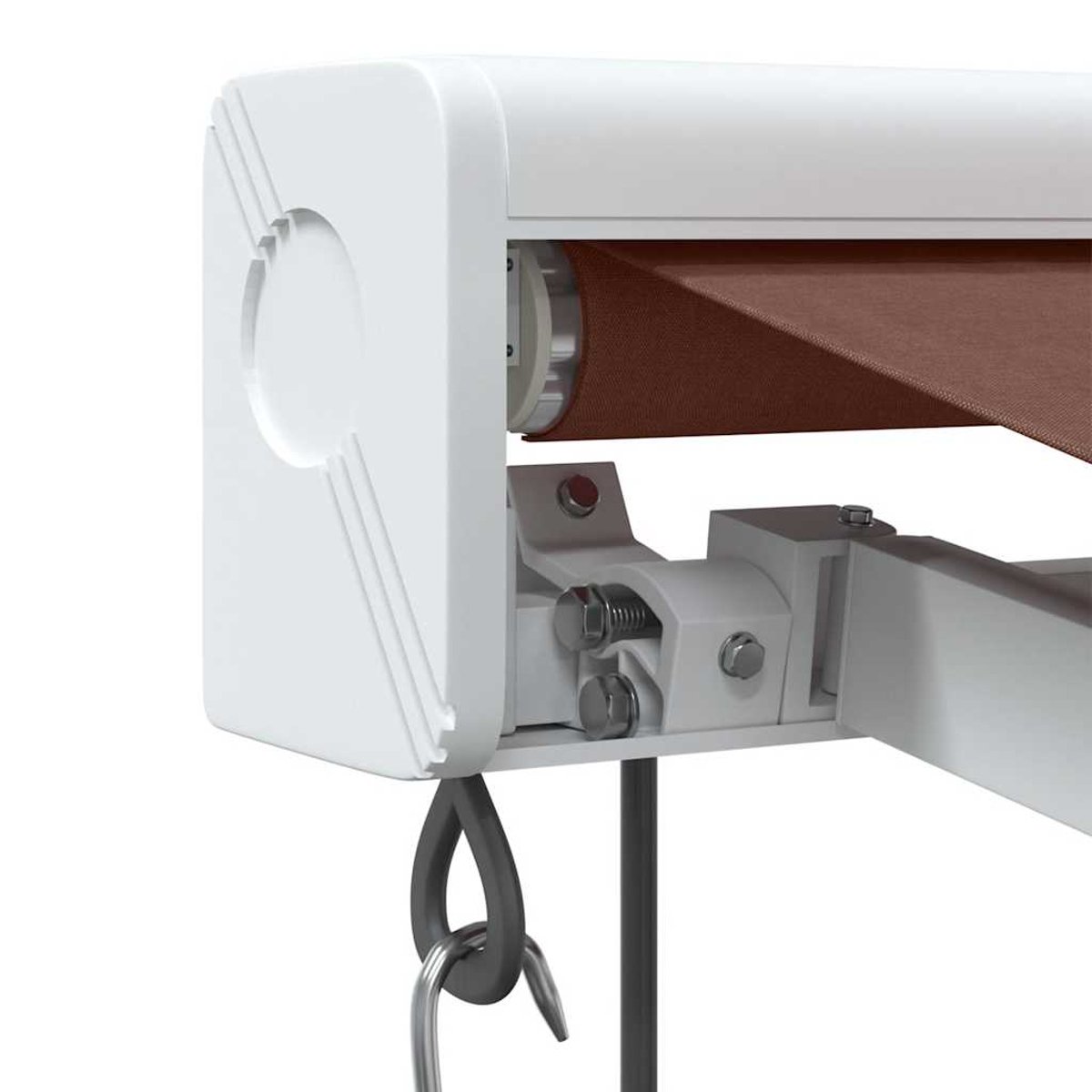 Primo piano del meccanismo di una tenda da sole. Alloggiamento bianco, tessuto marrone, componenti metallici e un gancio.
