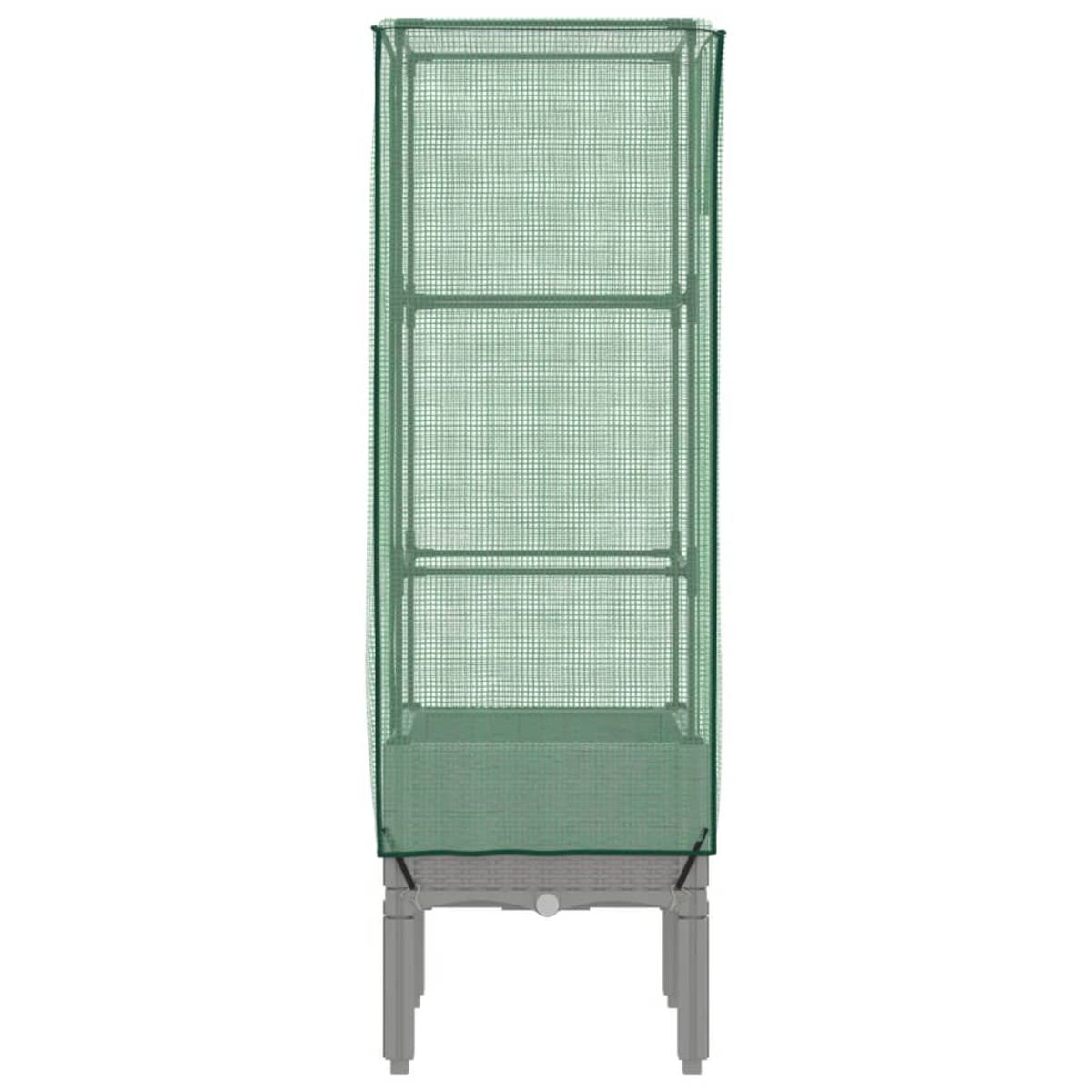 Serra verde con tre ripiani. Il rivestimento in plastica verde copre la struttura.