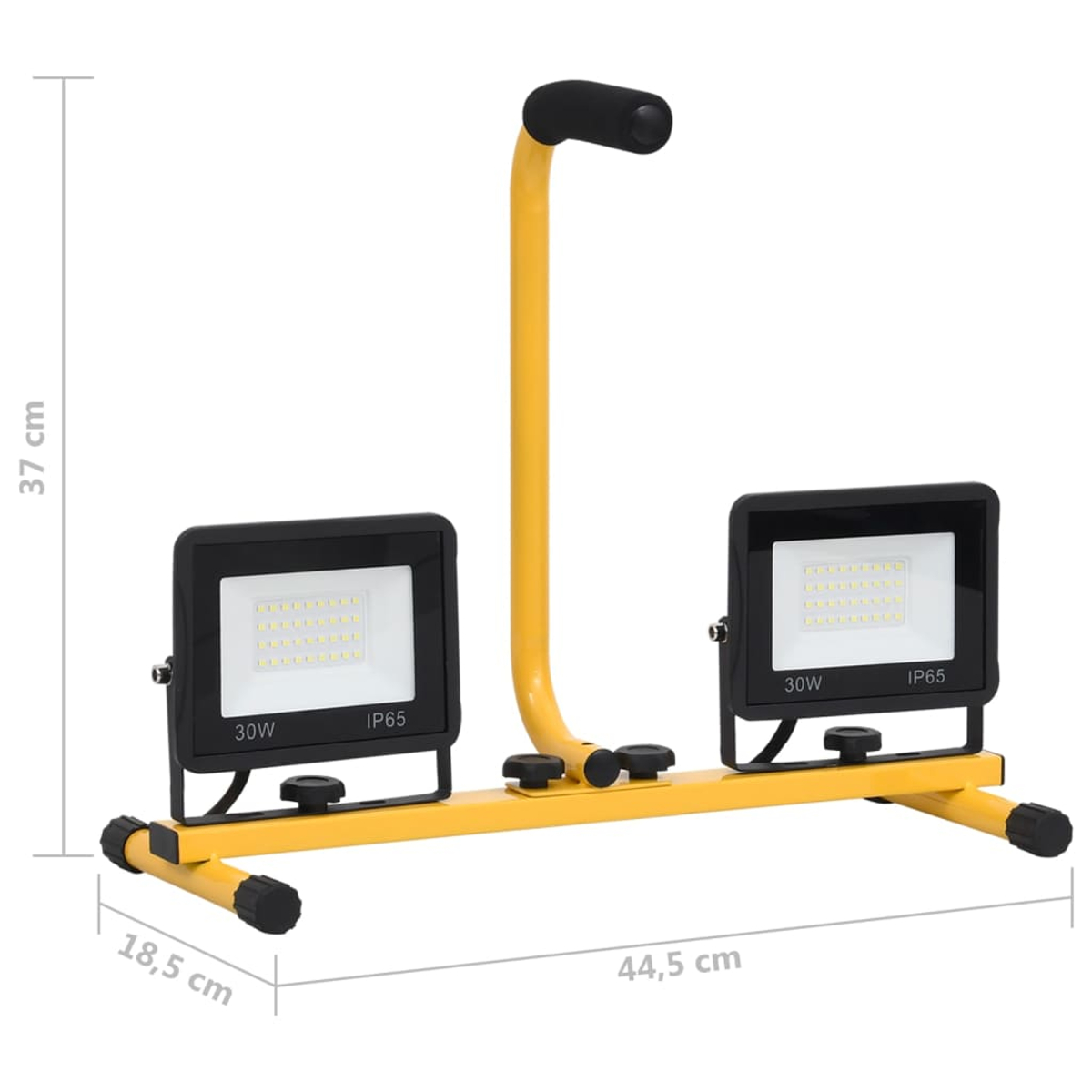 Gelbes, tragbares Arbeitslicht mit zwei LED-Leuchten. Schwarzer Griff und Ständer. Isoliert.