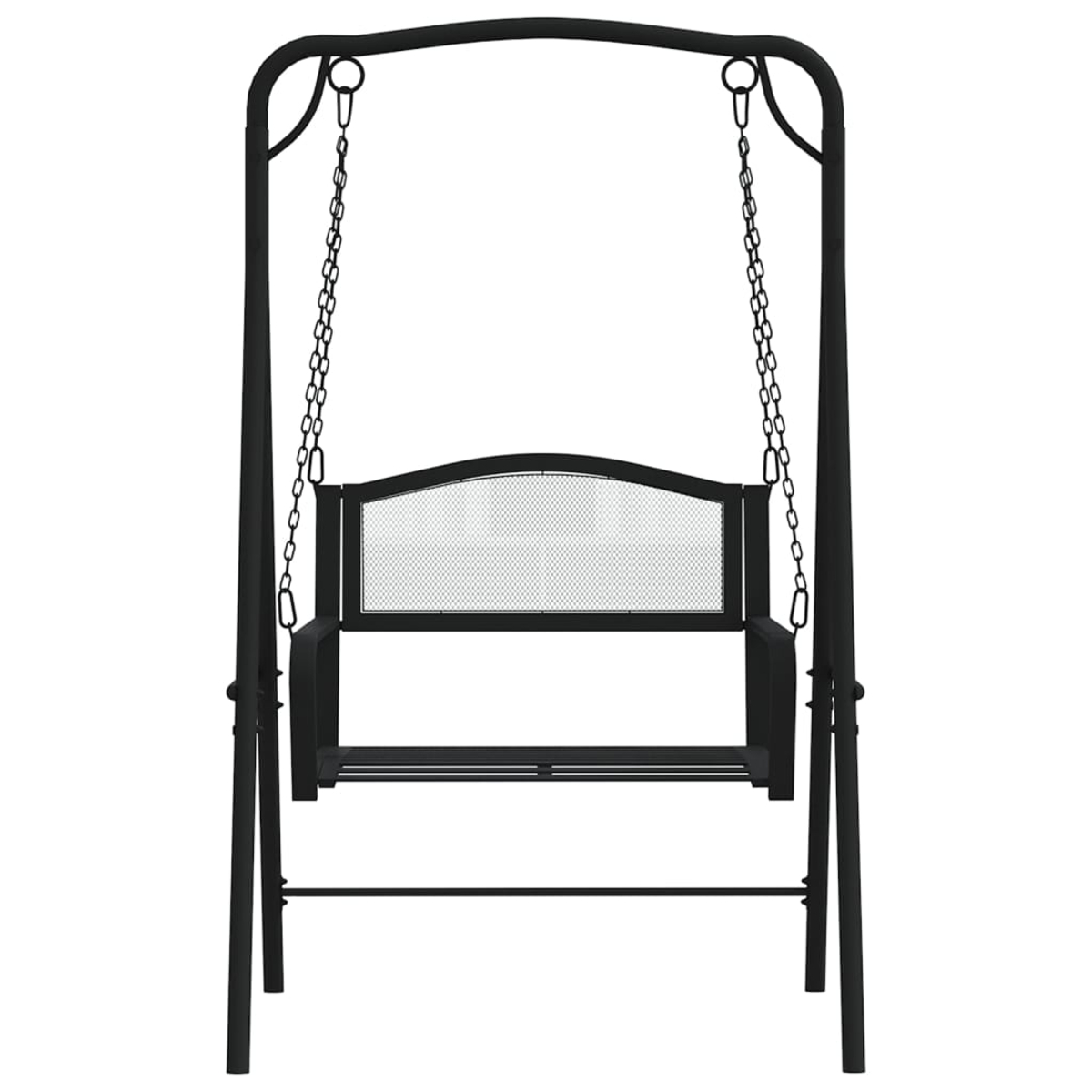 Schwarze Metallschaukel mit Mesh-Rücken und -Sitz, hängend von einem gebogenen Rahmen.