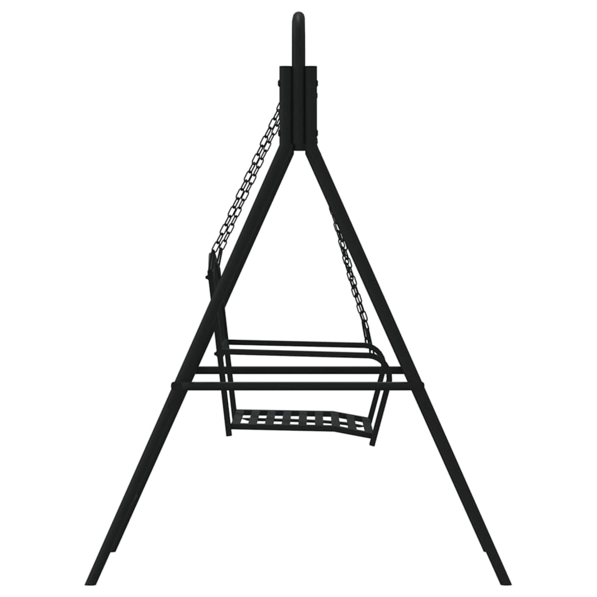 Ein schwarzes Metallschaukelgestell mit einem Schaukelsitz, auf weißem Hintergrund.