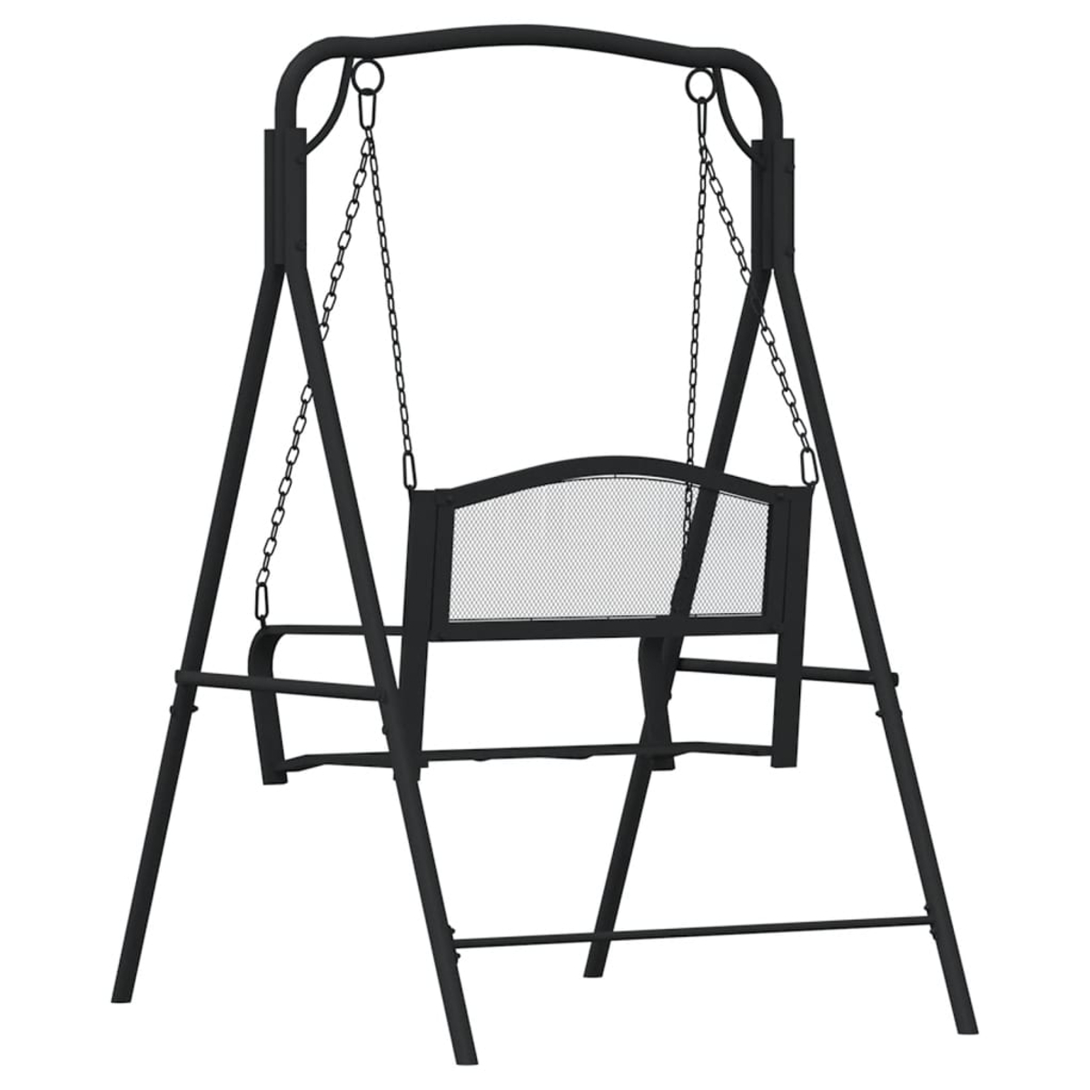 Schwarzes Metall-Schaukelgestell mit Ketten, Sitz und Netzrückenlehne.