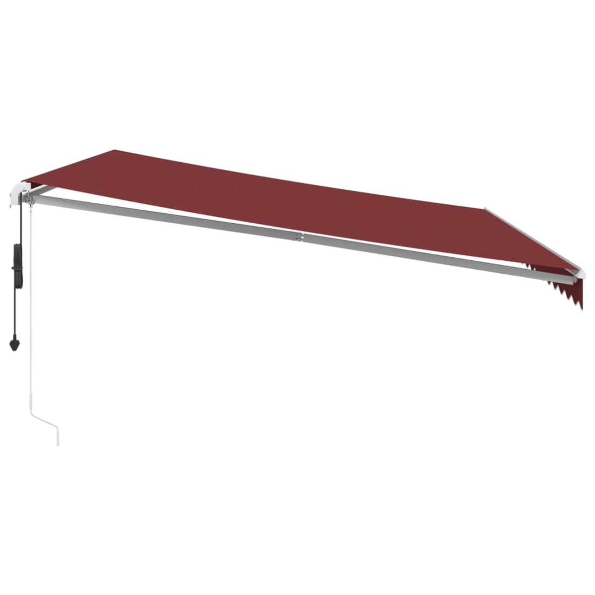 Ausgefahrene rote Markise, weißer Hintergrund. Schlichtes, modernes Design, für Sonnenschutz.