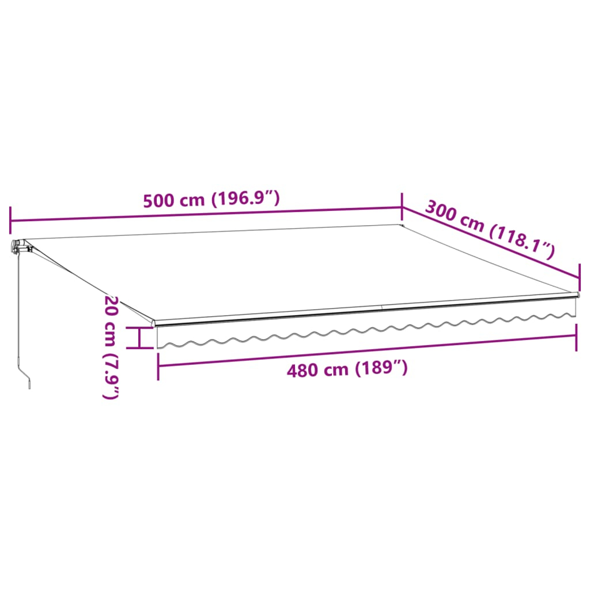 Eine weiße Oberfläche mit Abmessungen. Die Abmessungen sind 500 cm, 300 cm, 20 cm und 480 cm.