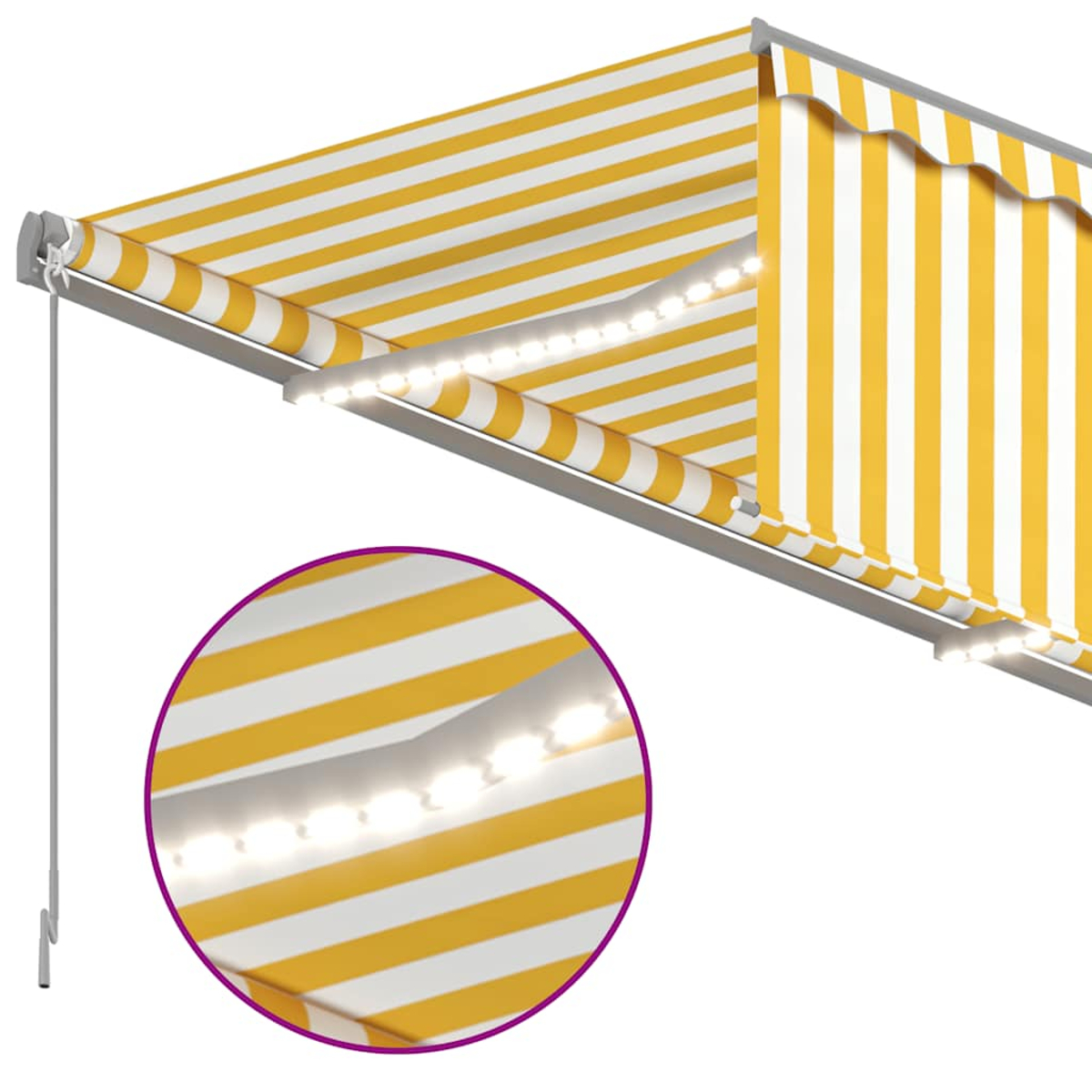 Gelb-weiß gestreifte Markise mit LED-Leuchten. Nahaufnahme der Lichter in einem Kreis.