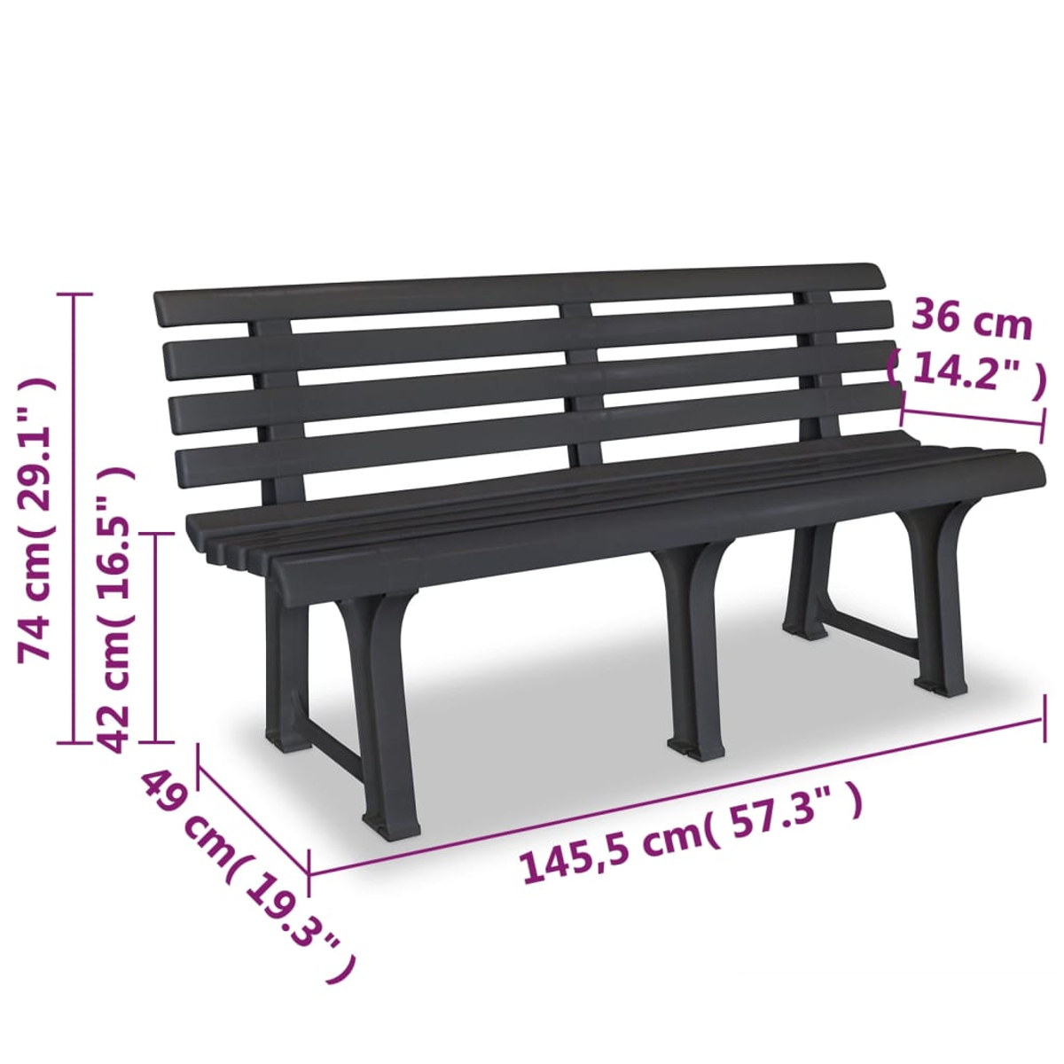 Schwarze Bank mit Bemaßung, 145,5 cm lang, 74 cm hoch und 36 cm tief.