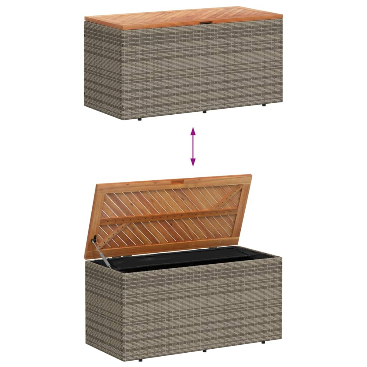 Eine offene und geschlossene Outdoor-Aufbewahrungsbox mit Holzoberseite und gewebten Seiten.
