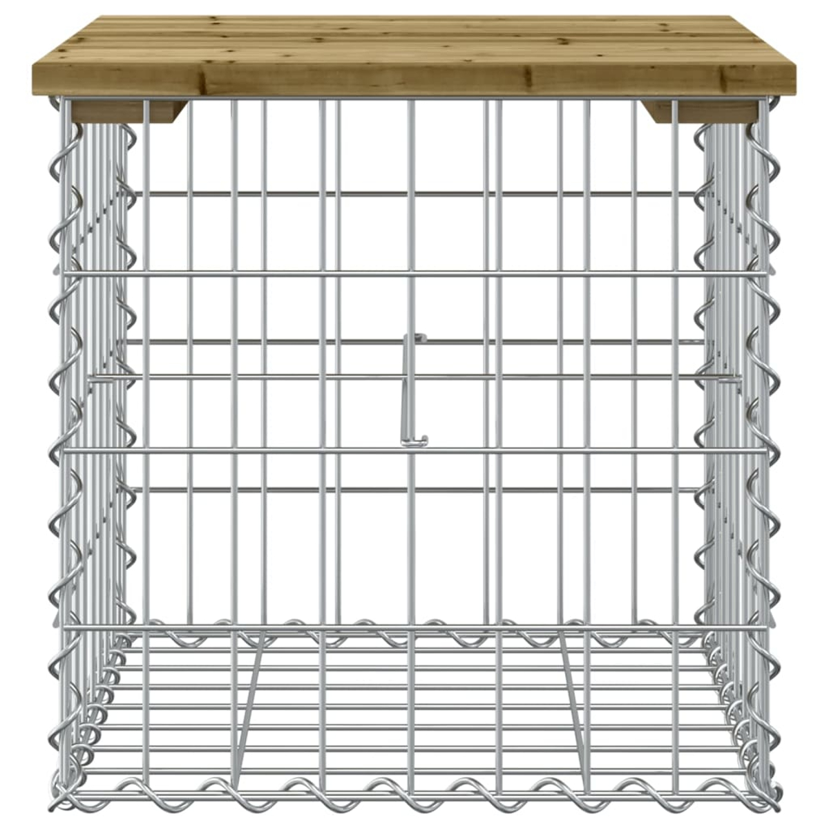 Eine Metallgitterstruktur mit Holzaufsatz. Der Draht ist silber und das Holz hell.