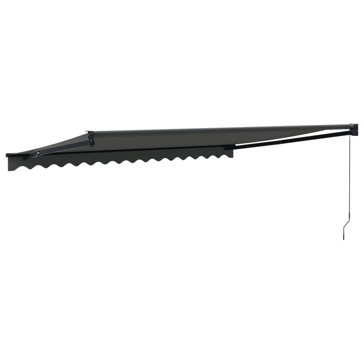 Dunkelgraue Markise ausgefahren, an weißer Wand, mit Zugkordel.