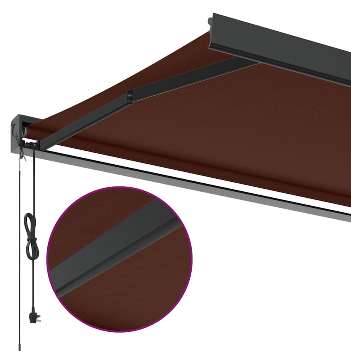 Una tenda da sole marrone con telaio nero estesa e un primo piano della cucitura.