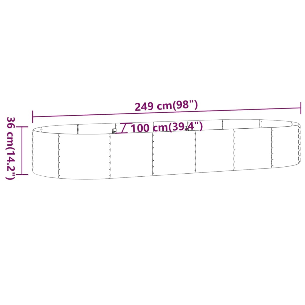 Ein ovales Metall-Gartenbett ist mit Abmessungen in cm und Zoll versehen.