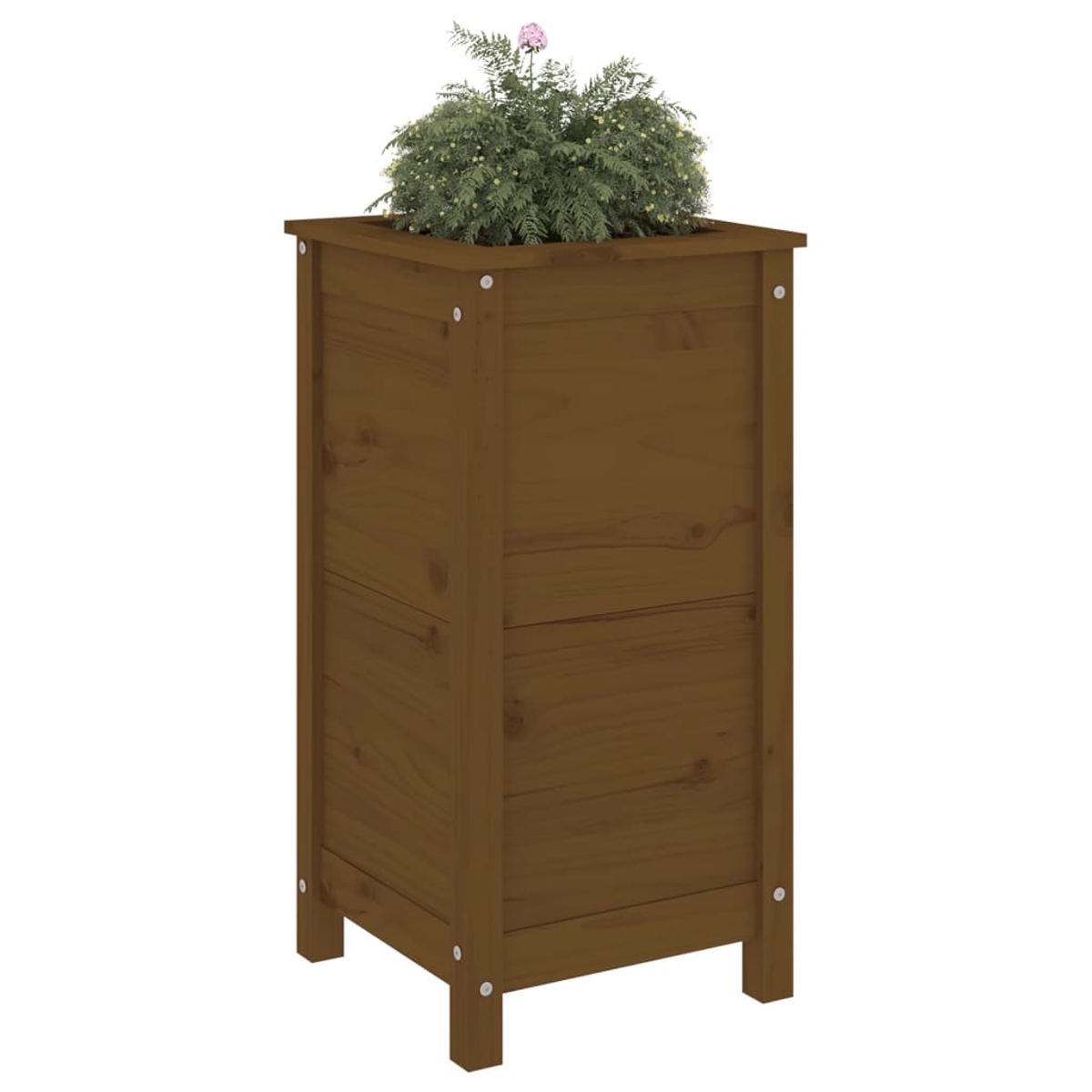 Eine braune Holzpflanzkasten, mit Pflanze darin, isoliert auf weißem Hintergrund.