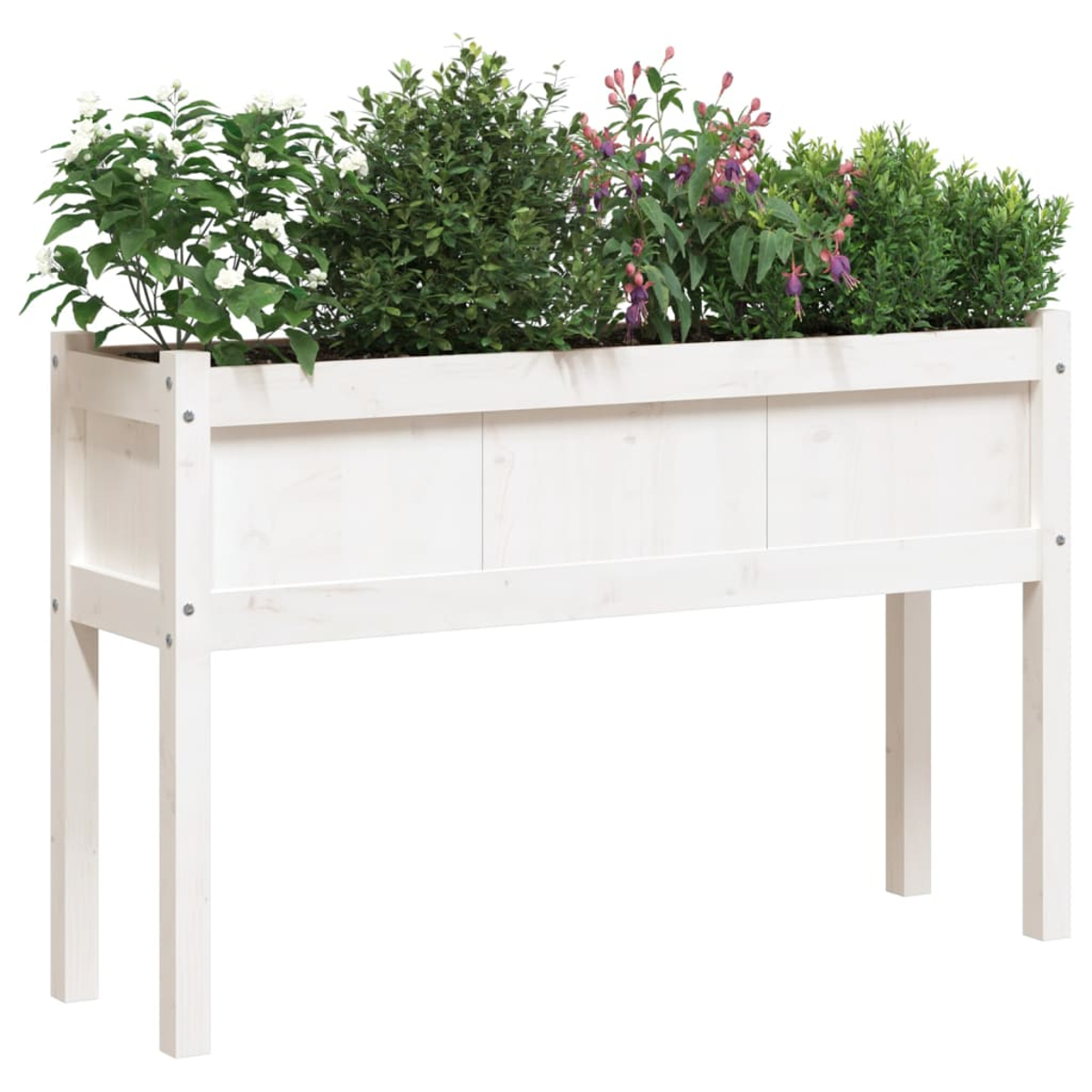 Ein weißer Holz-Pflanzkasten auf Beinen mit verschiedenen Blumen und grünen Pflanzen.