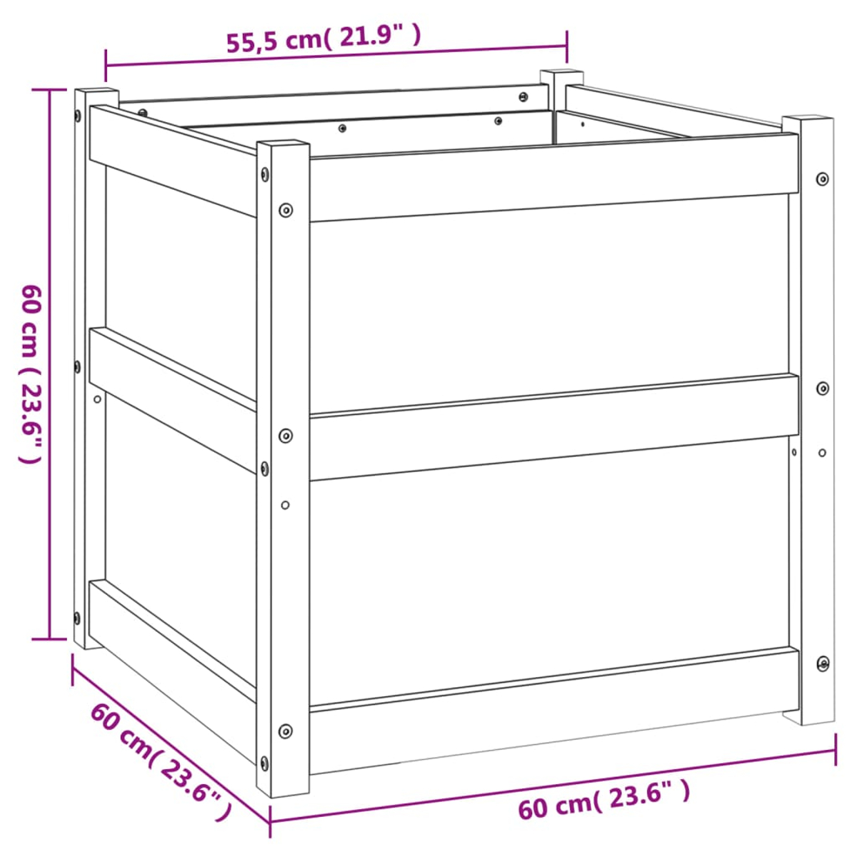 Diagramm des quadratischen Holzpflanzgefäßes. Braunes Holz, Abmessungen gezeigt. Weißer Hintergrund.