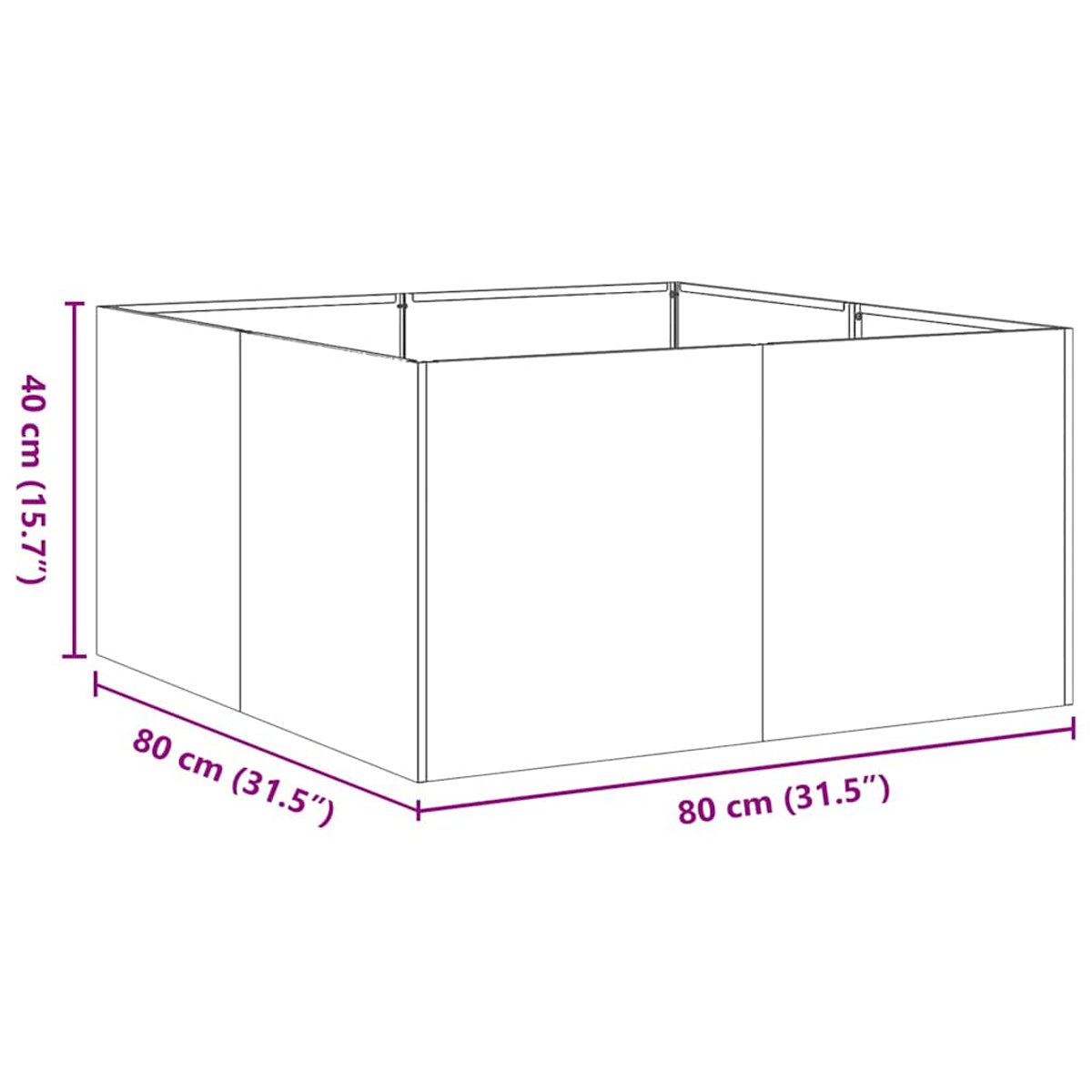 Un'aiuola rialzata quadrata, bianca, con dimensioni. L'aiuola ha lati rettangolari.