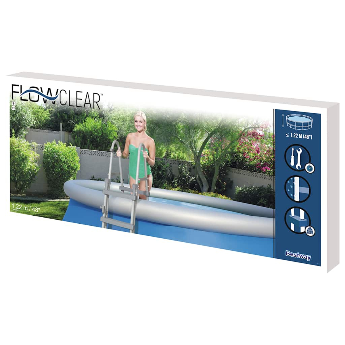 Eine Produktverpackung mit einem Poolbild, einer Frau im grünen Badeanzug und Produktinformationen.