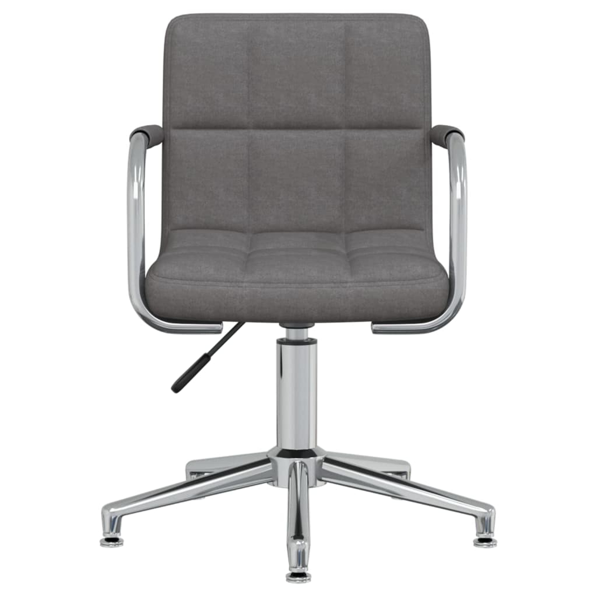Silla de oficina gris. La silla tiene asiento y respaldo grises. Tiene brazos, patas y una palanca cromados.