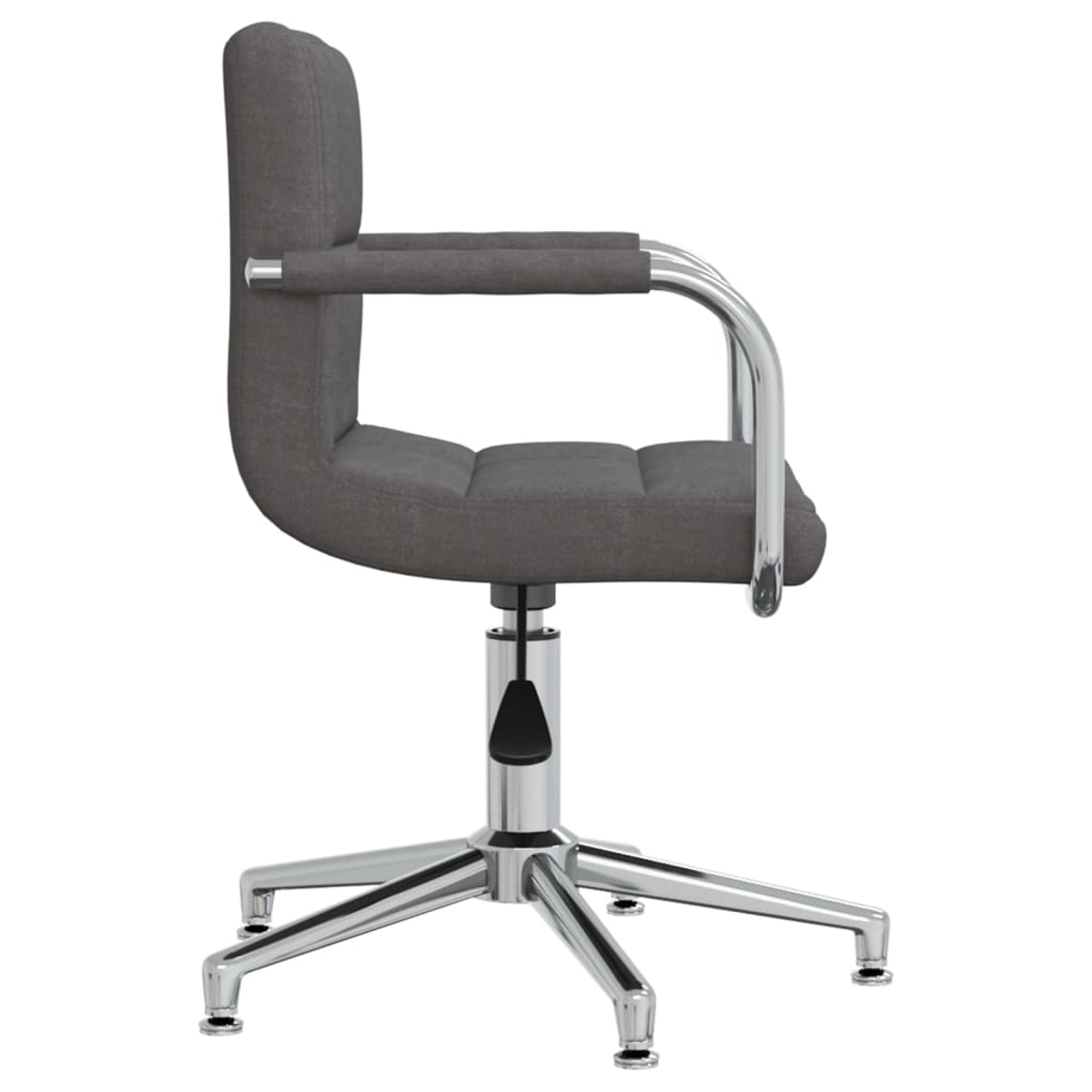 Silla de oficina gris. La silla tiene asiento y respaldo grises. Tiene brazos, patas y una palanca cromados.
