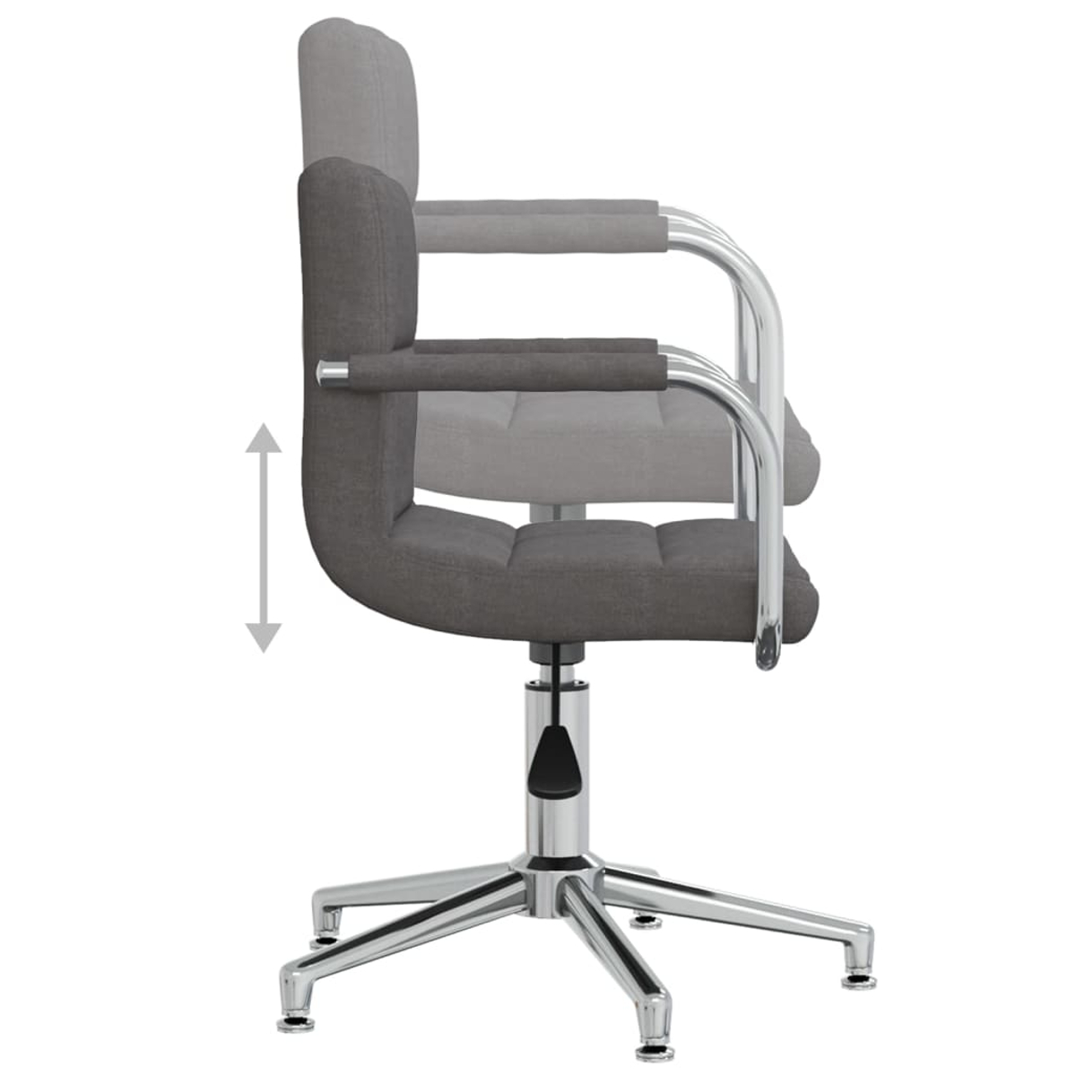 Silla de oficina gris, vista lateral. La altura es ajustable con una palanca.