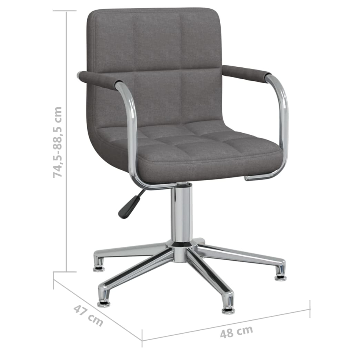 Silla de oficina gris, base cromada. Dimensiones: 47x48x74,5-88,5 cm. Palanca negra.