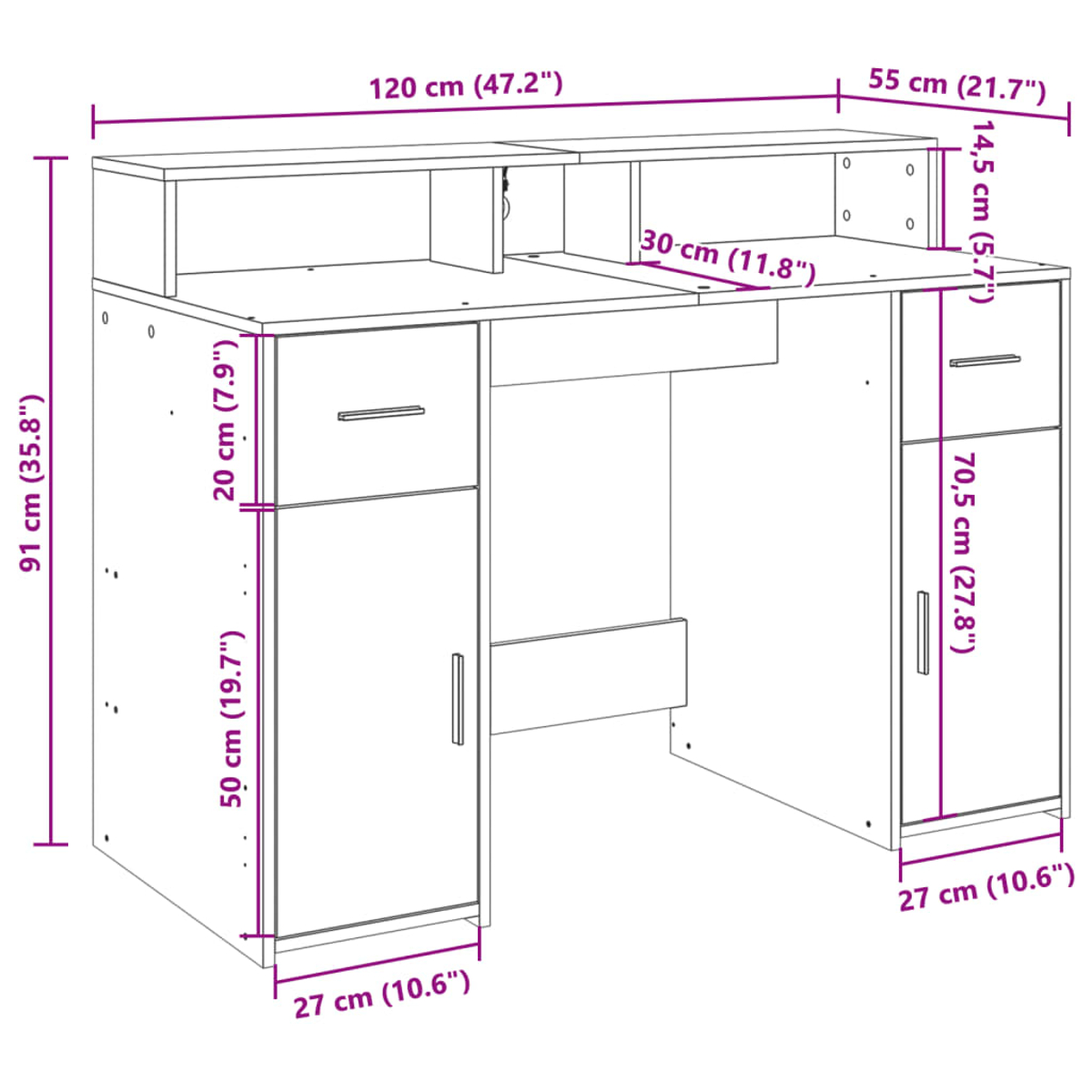 Weißer Schreibtisch mit Maßen: 120 cm, 55 cm, 91 cm und 70,5 cm. Er hat Schubladen.