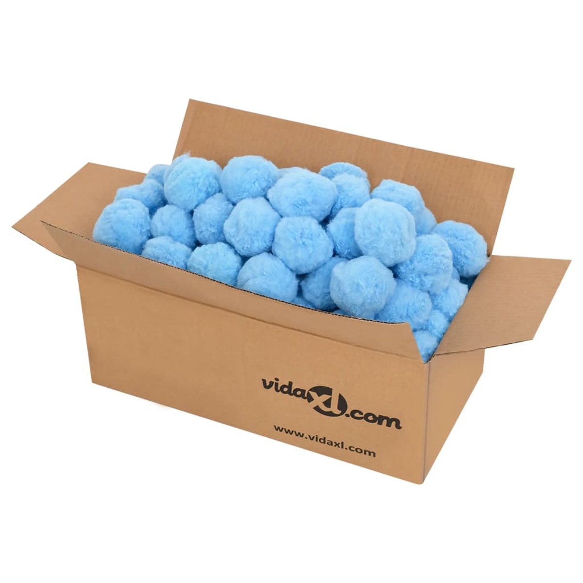 Eine Box gefüllt mit blauen Pompons, mit weißem Hintergrund und Logo.