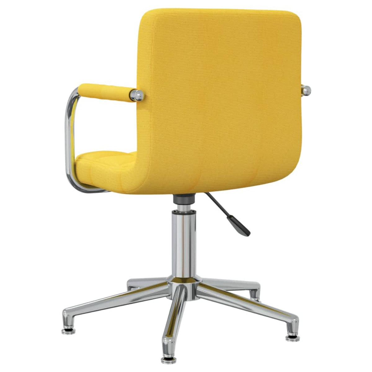 Gelber Bürostuhl von hinten. Chromgestell, schwarzer Hebel.