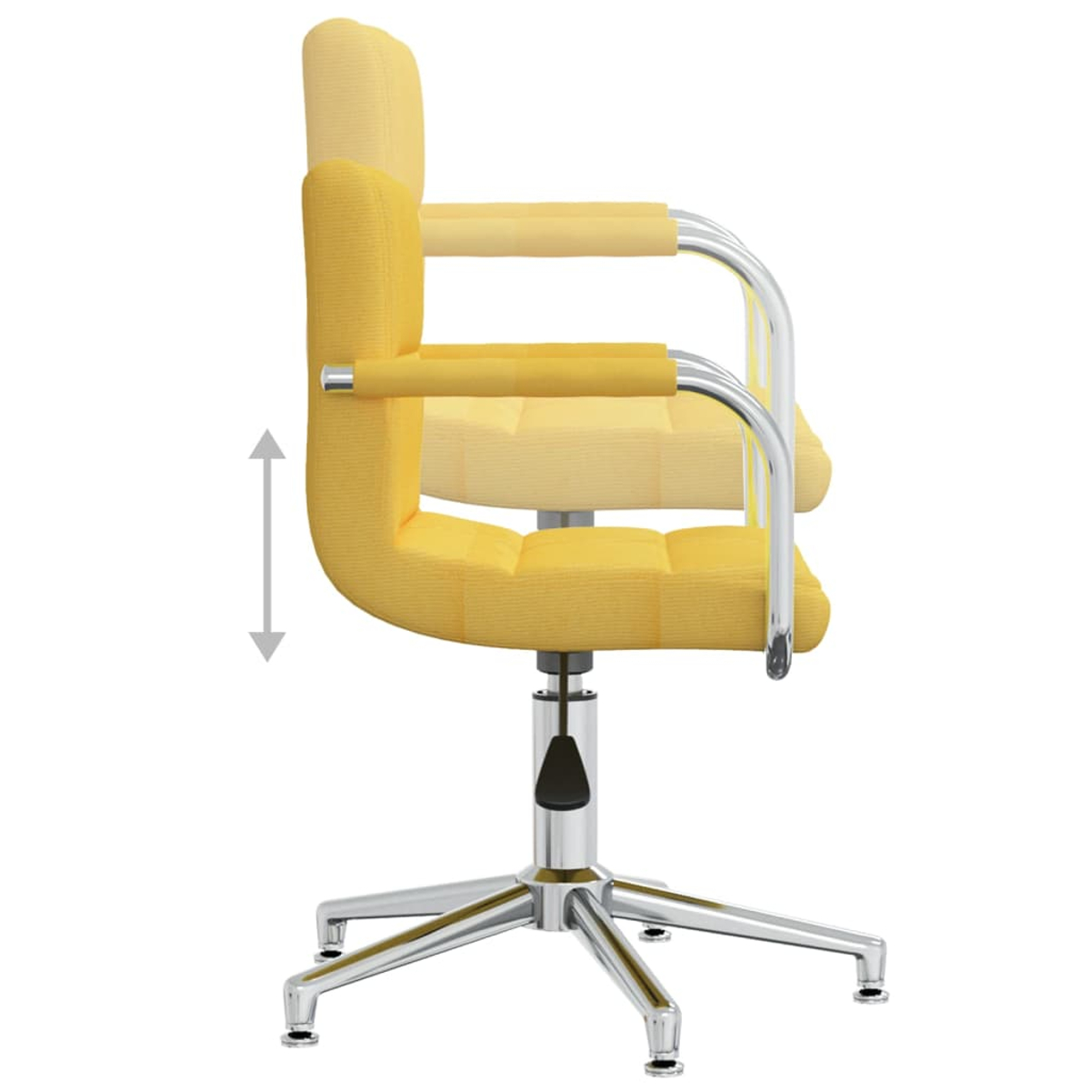 Gelber, verstellbarer Bürostuhl. Chromgestell, schwarzer Hebel. Seitenansicht.